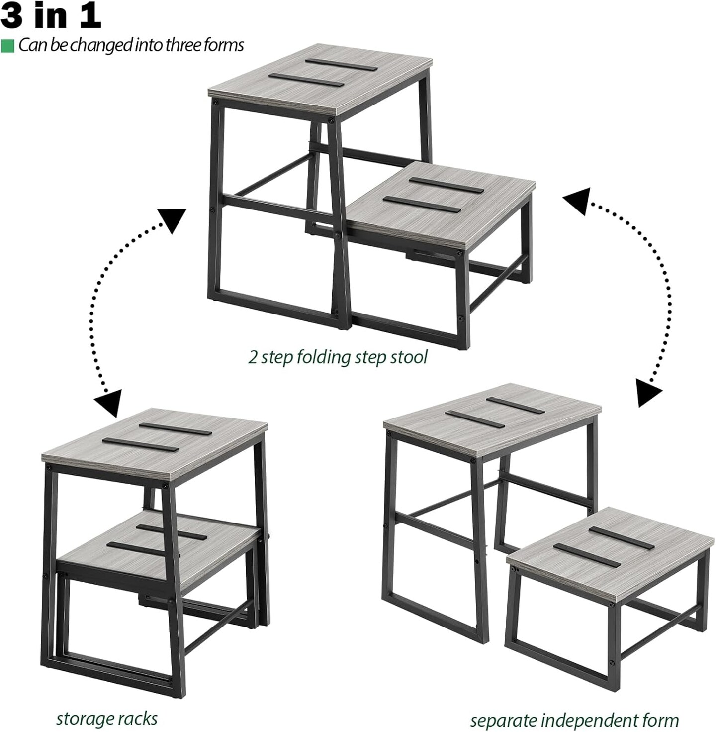 Heavy-Duty 3-in-1 Wooden Step Stool for Adults - 500lb Capacity, Detachable Metal Frame Stepping Stool for High Beds, Kitchen, Bathroom, Grey