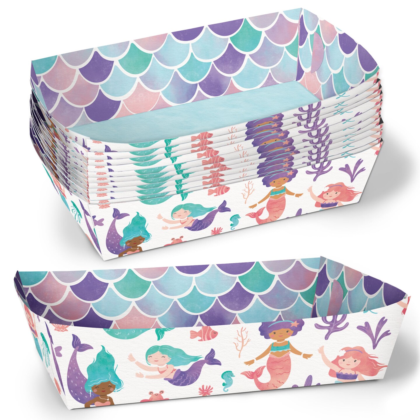Big Dot of Happiness Mermaid Party Paper Food Trays, Disposable Double-Sided Paper Food Holders for Nachos, Hot Dogs, French Fries - 12 Ct