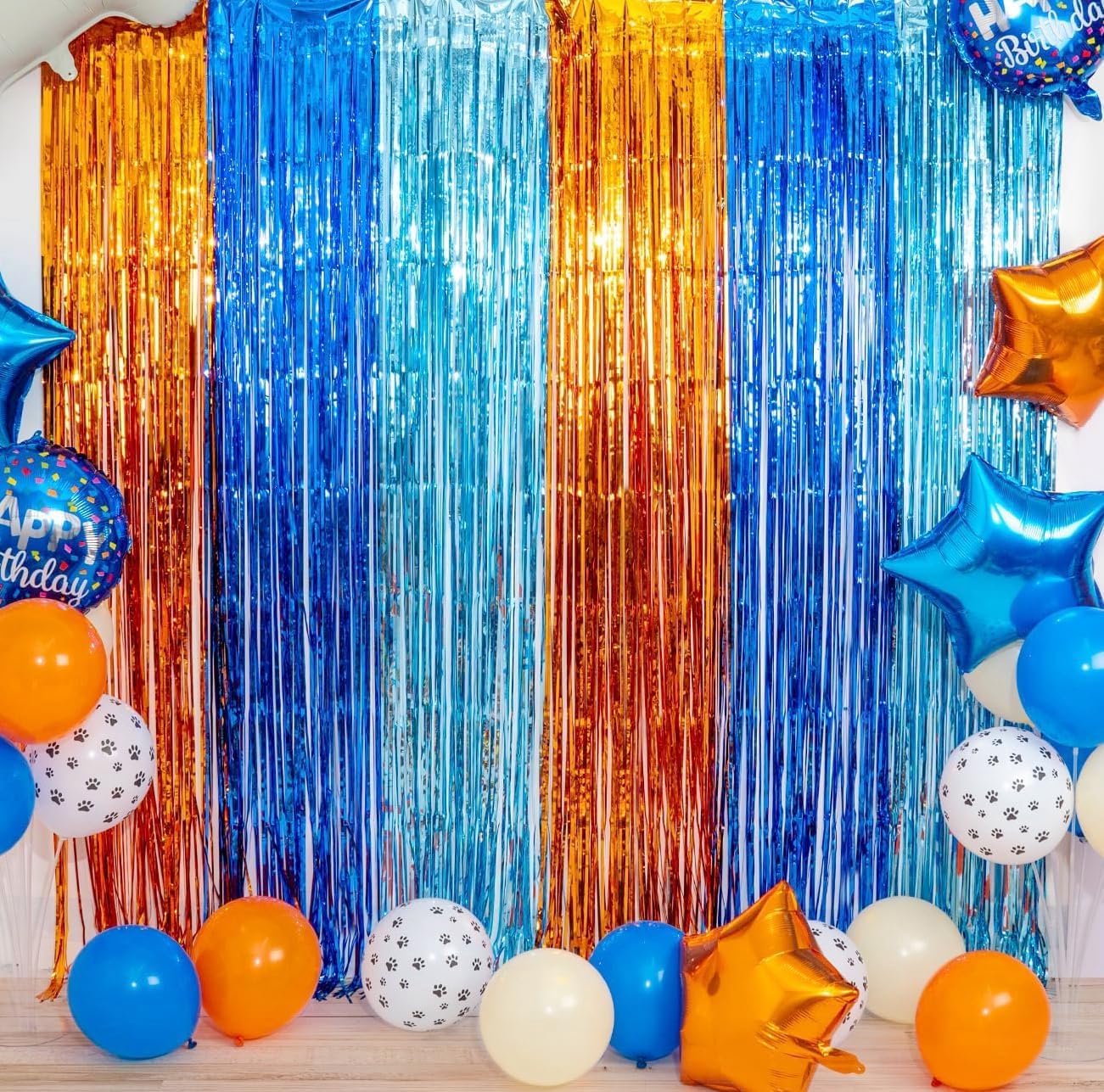 2-Pack Orange & Light Blue Foil Fringe Curtains 3.3x6.6ft Blue Dog Theme Party Backdrop Decorations