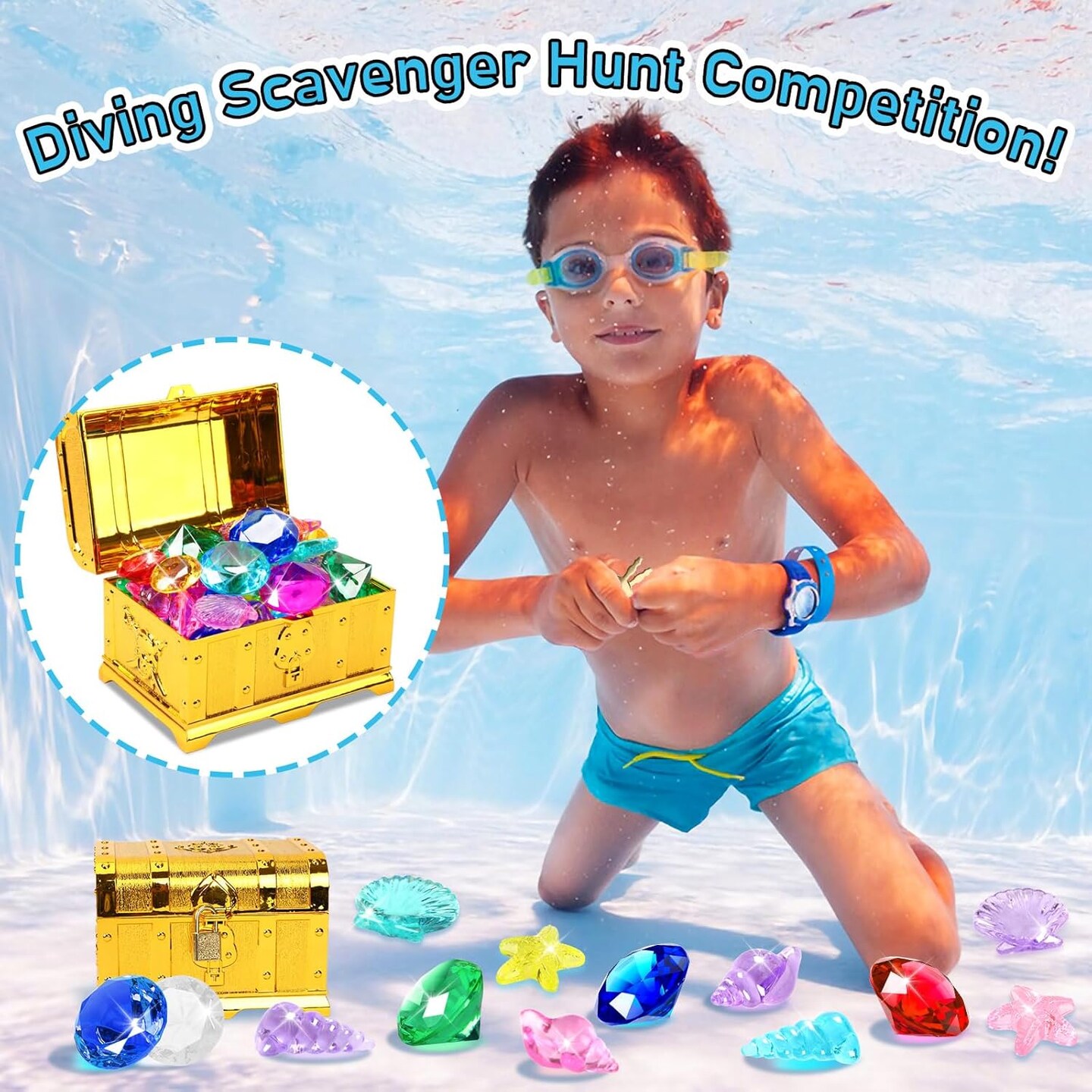 38 Pcs Summer Diving Pool Toys, 36 Big Assorted Dive Gems with Large Pirate Treasure Chest Box and Lock Acrylic Diamonds Sinking Toys for Kids Boys Girls Swimming Underwater Gift