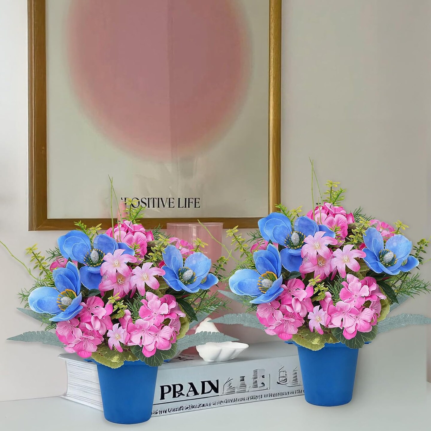 2 Pcs Fake Potted Flowers Spring Centerpieces for Tables 13.78&#x22; Easter Centerpiece Silk Flower with Iron Pots Small Plants Orchid Hydrangea for Indoor Table Top Dining Table Office Decor Pink Blue