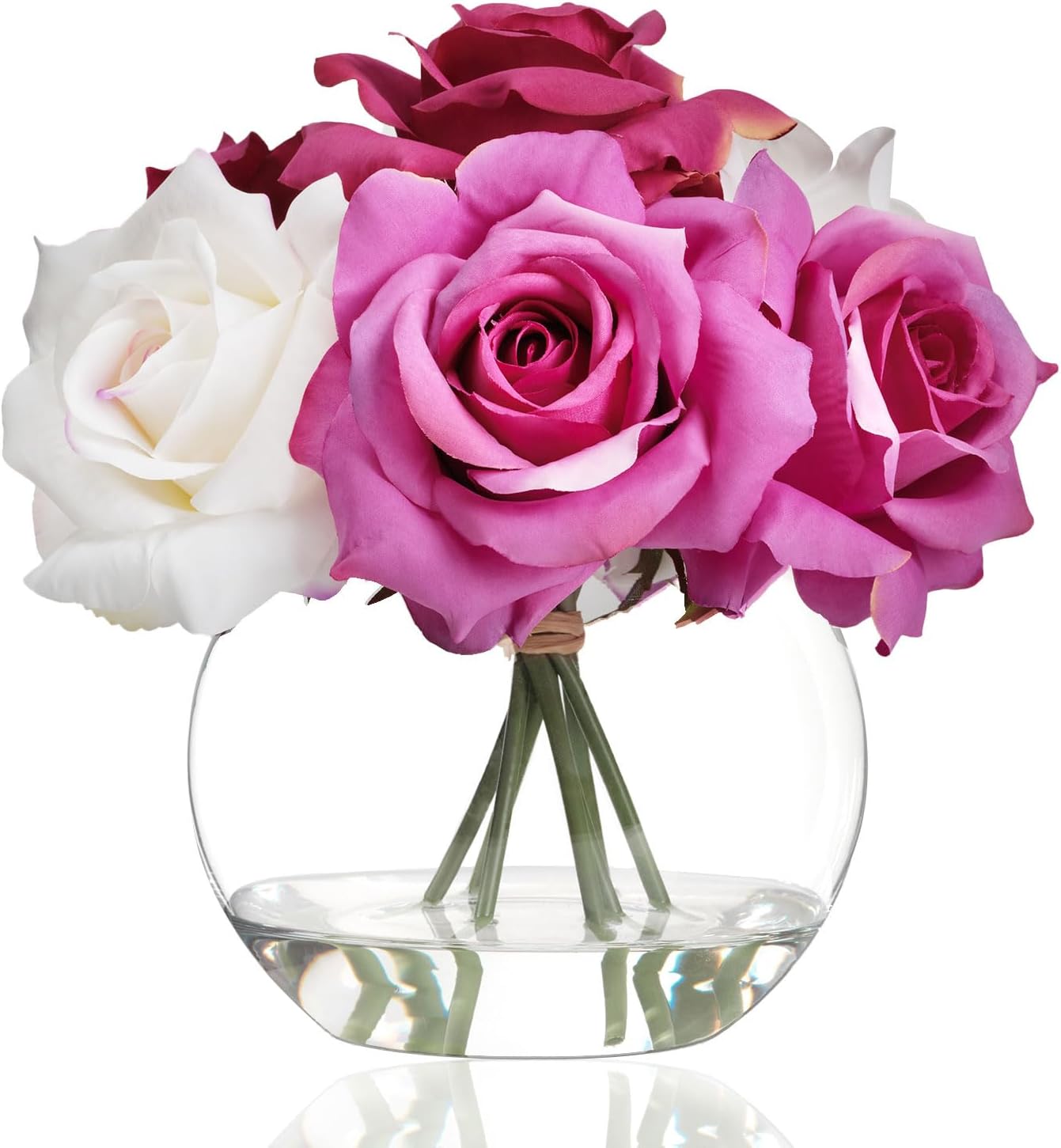 Silk Rose Artificial Flowers with Vase Artificial Rose Flower Arrangements in Round Glass Vase with Faux Water for Home Office Hotel Wedding Party Dinning Table Decor Gift (White &#x26; Pink)