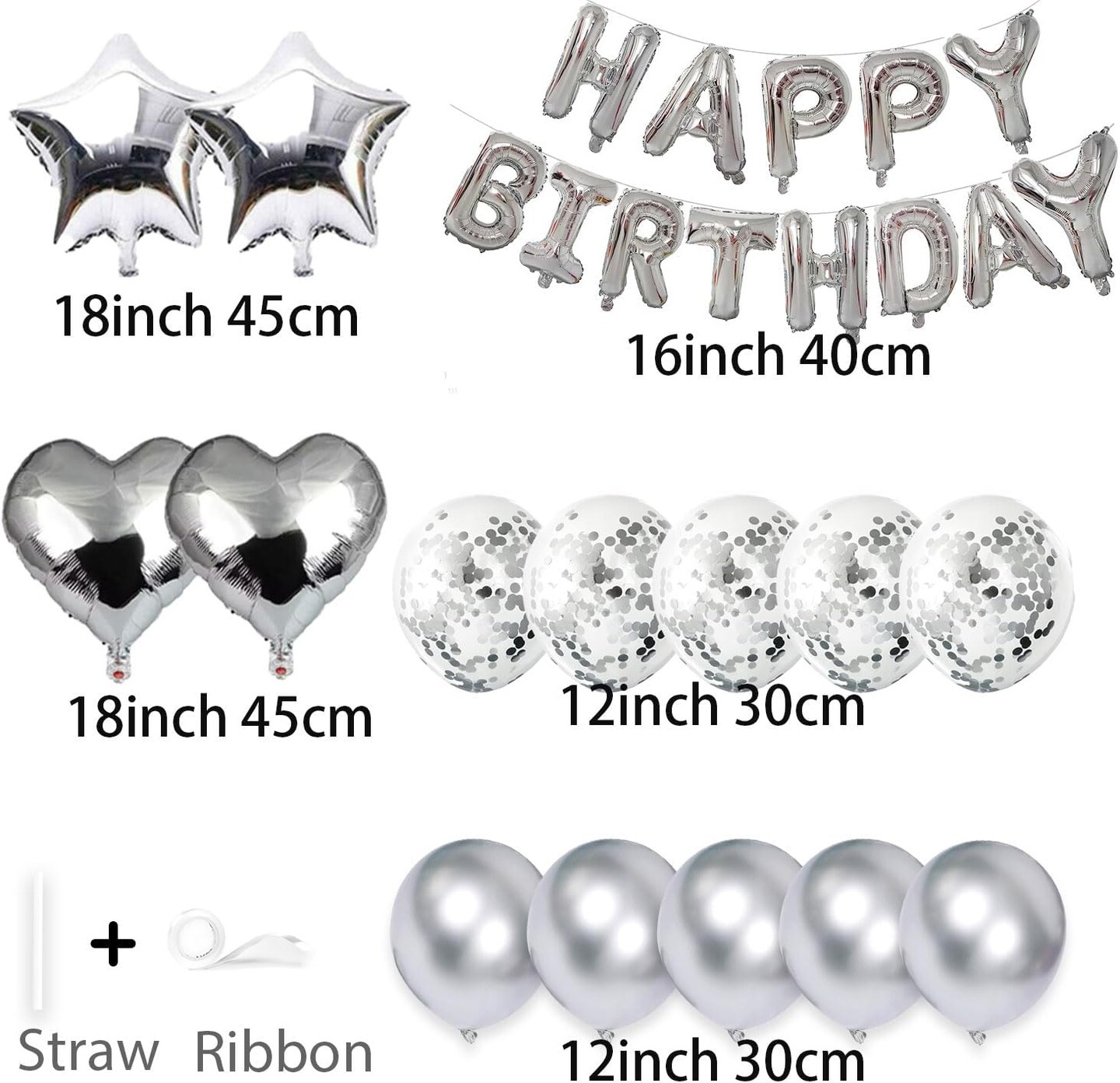 27 Pcs Silver Birthday Decorations, 3D Foil Silver Happy Birthday Balloon Banner