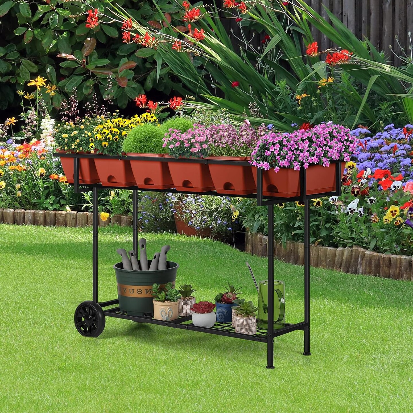 Black Raised Garden Bed with Wheels &#x26; Storage Shelf - 43x17x29in/109x43x74cm Elevated Planter Box, 6 Individual Planters for Vegetables, Herbs, Flowers (Outdoor/Indoor)