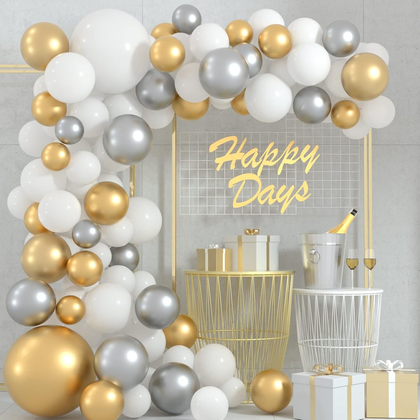 108-Piece White, Gold, and Silver Balloon Garland Arch Kit – 5, 10, 12, & 18-Inch Metallic Balloons for Birthday, Wedding, Bridal Shower, Baby Shower, and Graduation Party Decorations