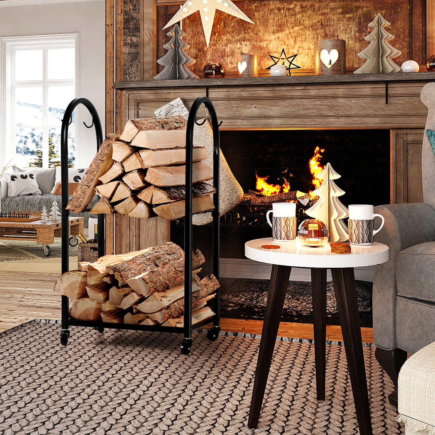 2-Tier Firewood Rack with Wheels &#x26; Hooks &#x2013; Indoor/Outdoor Log Holder for Fireplace, Patio, Hearth | Heavy-Duty Black Steel Storage (20.5&#x201D;x12.6&#x201D;x33.5&#x201D;)