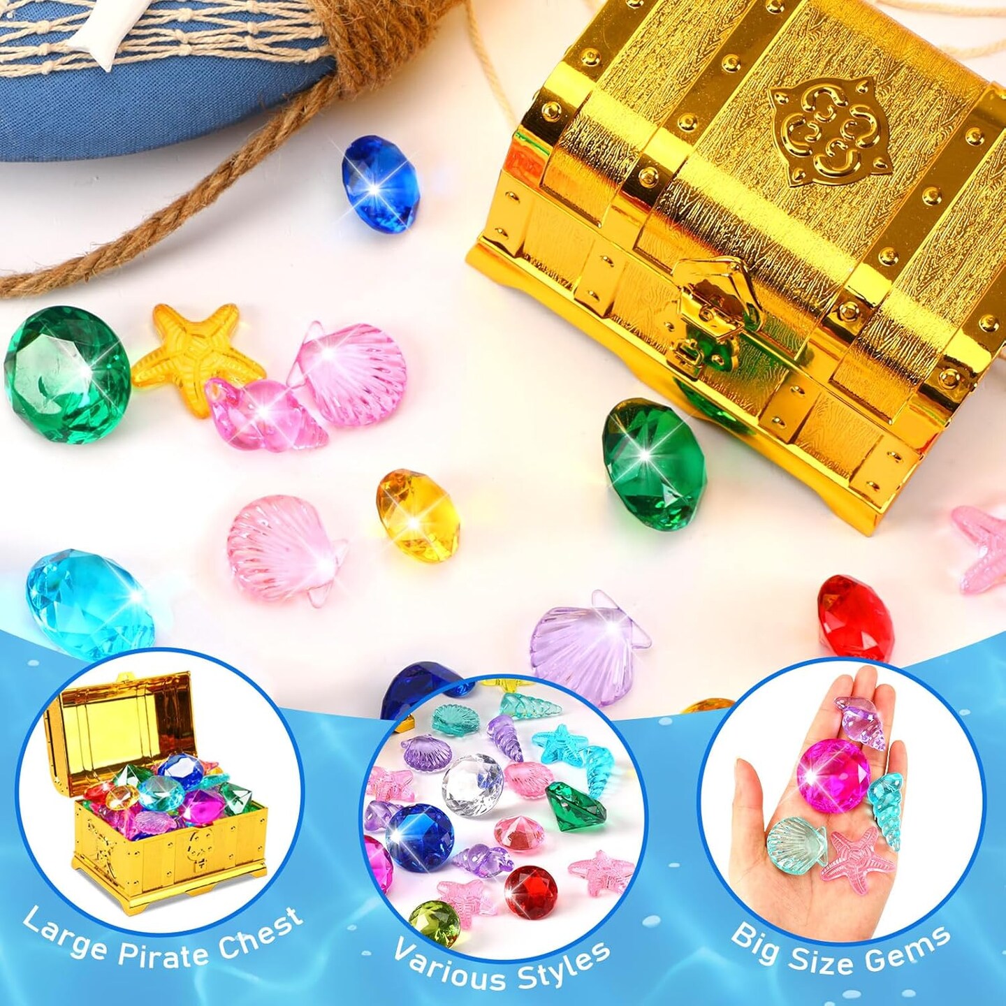 38 Pcs Summer Diving Pool Toys, 36 Big Assorted Dive Gems with Large Pirate Treasure Chest Box and Lock Acrylic Diamonds Sinking Toys for Kids Boys Girls Swimming Underwater Gift