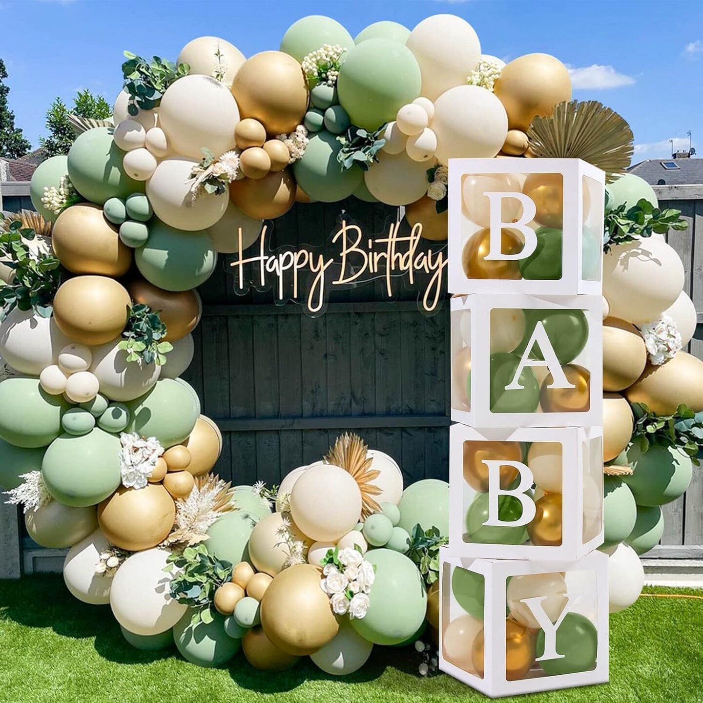 Baby Shower Decorations Boy Girl - 4Pcs Transparent Baby Balloon Boxes and 112Pcs Green White Gold Balloons Arch Kit for Sage Green Baby Shower Decorations