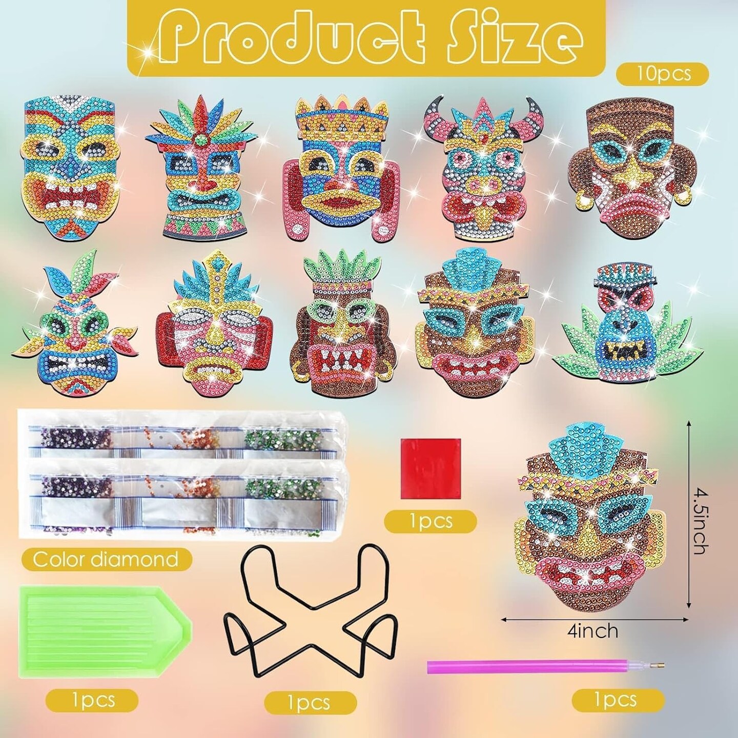 10 Pcs Summer Tiki Shaped Diamond Art Coasters Kits DIY Hawaii Diamond Dots Art Coasters with Holder Christmas Crafts