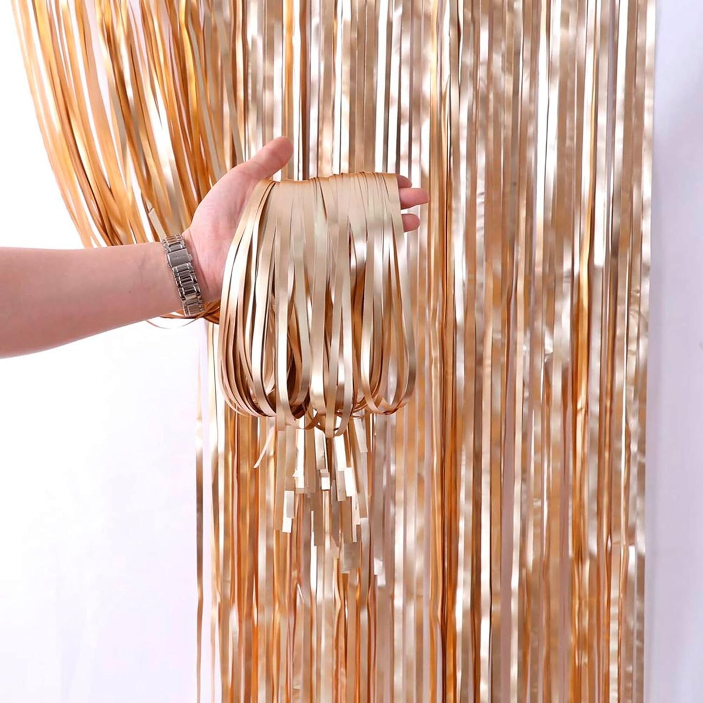 2 Pack Backdrop Curtain, 3FT x 8FT Metallic Tinsel Foil Fringe Curtains Photo Booth Background for Baby Shower Party Birthday Wedding Engagement Bridal Shower (Champagne Gold)