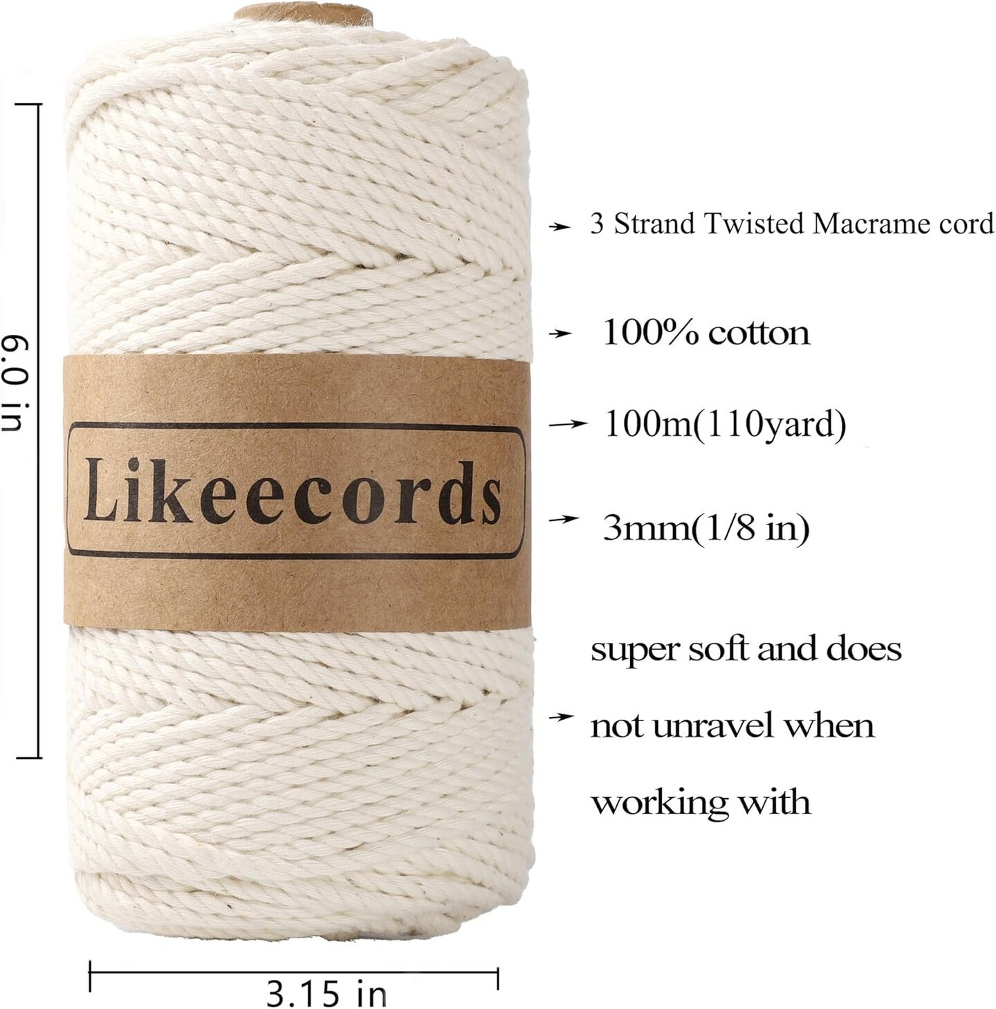 Cotton Macrame Cord, 3mm x 100m, 3 Strand Twisted, Macrame Rope &#x26; String for Craft, Knitting, Plant Hangers, Wedding &#x26; Christmas Decor (Natural White)