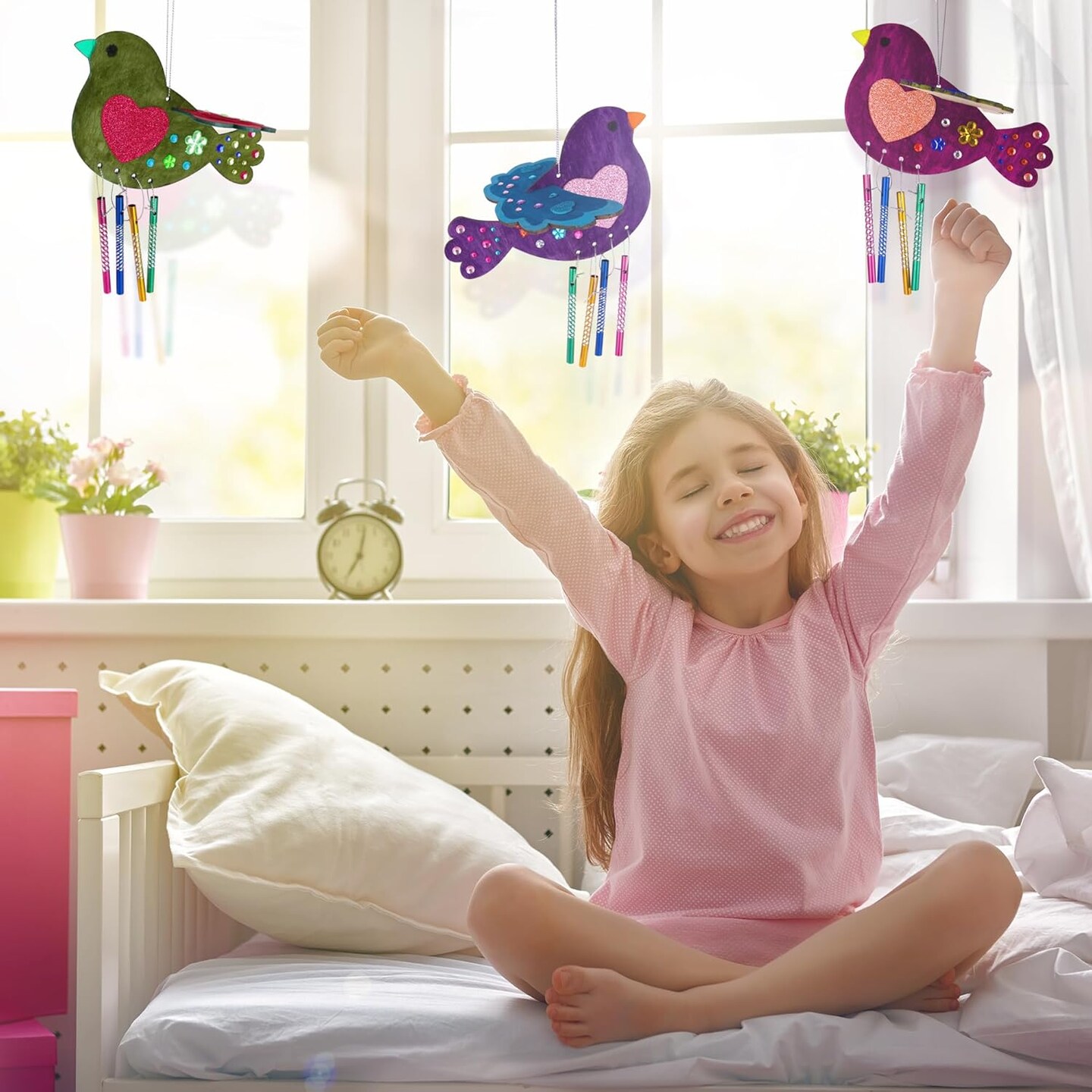 Summer DIY Wind Chime Kit for Kids - 8 Pack - Wooden Wind Chime Set with Paint Kit, Rhinestone Flower Stickers, Glitter Heart Foam Stickers, and More - Summer Arts and Crafts