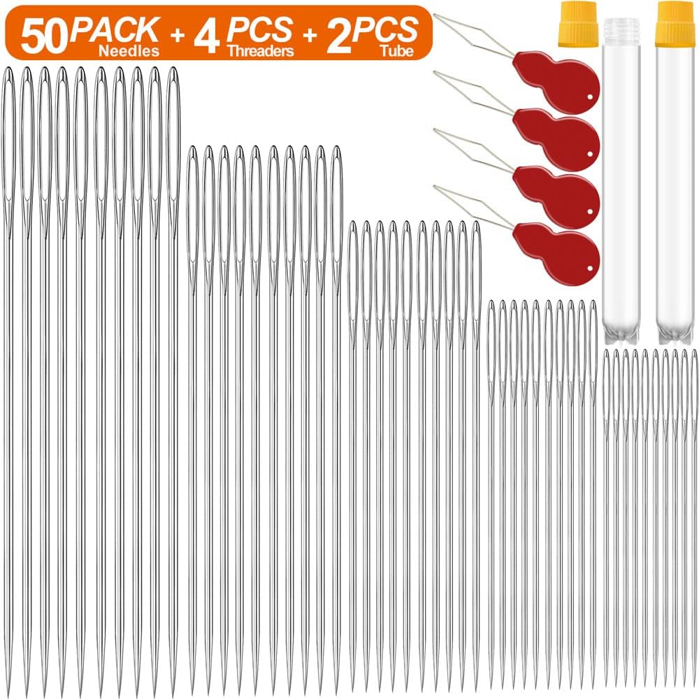 50 Pack Premium Large Eye Needles for Hand Sewing with 4 Needle Threaders, Assorted Sizes, Embroidery Needles for Hand Sewing, Sewing Needles Large Eye, Big Eye Needle