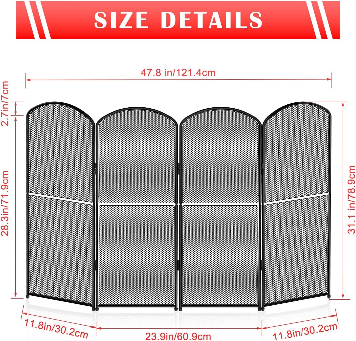 4-Panel Foldable Fireplace Screen Stand - Black Metal Mesh Spark Guard Cover with Decorative Arch Design, 47.8&#x22;W x 31&#x22;H for Indoor Fireplace Protection
