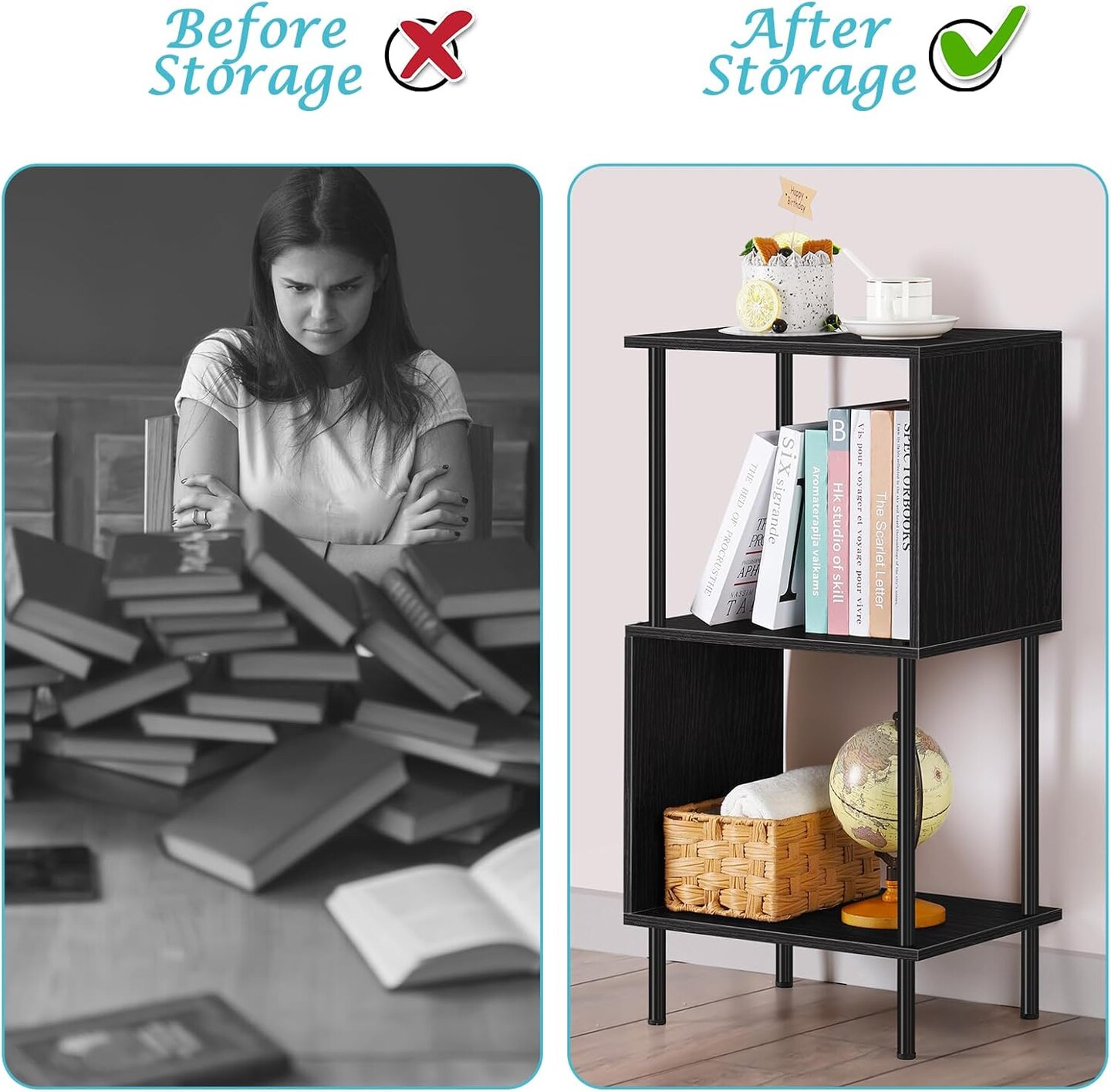 3-Tier S-Shaped Small Bookshelf &#x2013; Compact Black Bookcase Organizer for Home Office, Kids&#x2019; Room, Living Room (15.7&#x201D;x11.8&#x201D;x31.8&#x201D;)