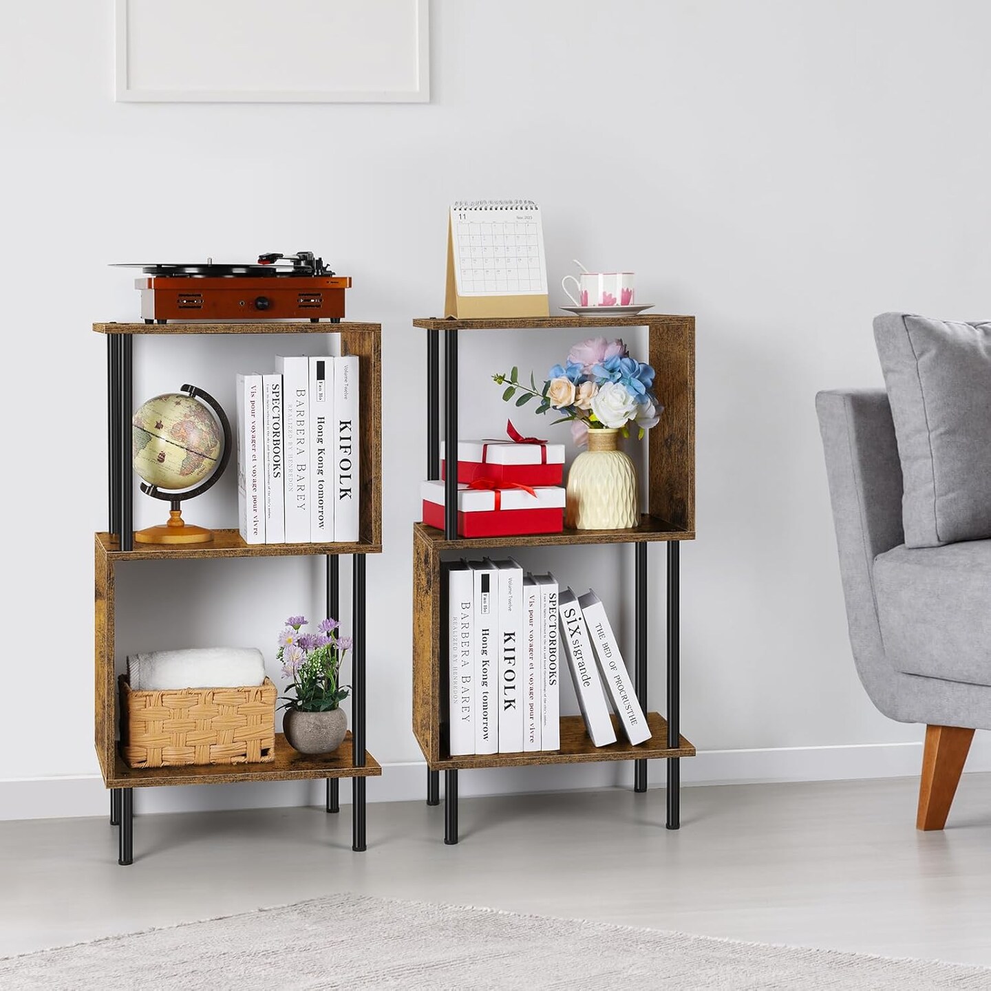 3-Tier S-Shaped Narrow Bookshelf &#x2013; Compact Bookcase with Anti-Tip Kit, Farmhouse &#x26; Modern Home Office Storage (15.7&#x201D;x11.8&#x201D;x31.8&#x201D;)