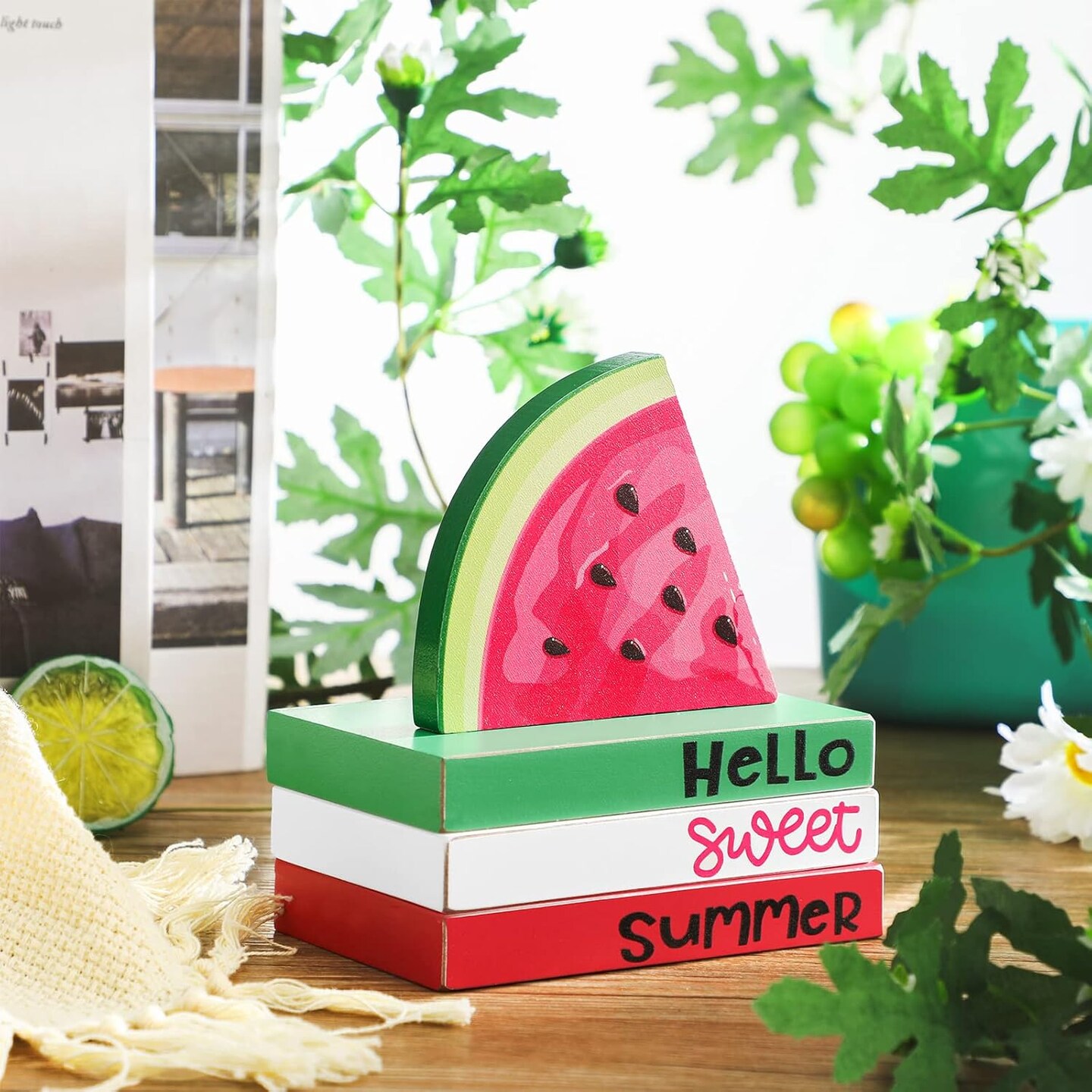 Yulejo 4 Piece Summer Watermelon Table Decor for Home Hello Sweet Summer Book Table Centerpieces Farmhouse Wooden Watermelon Tiered Tray Stacked Book Decor for Home Office Kitchen
