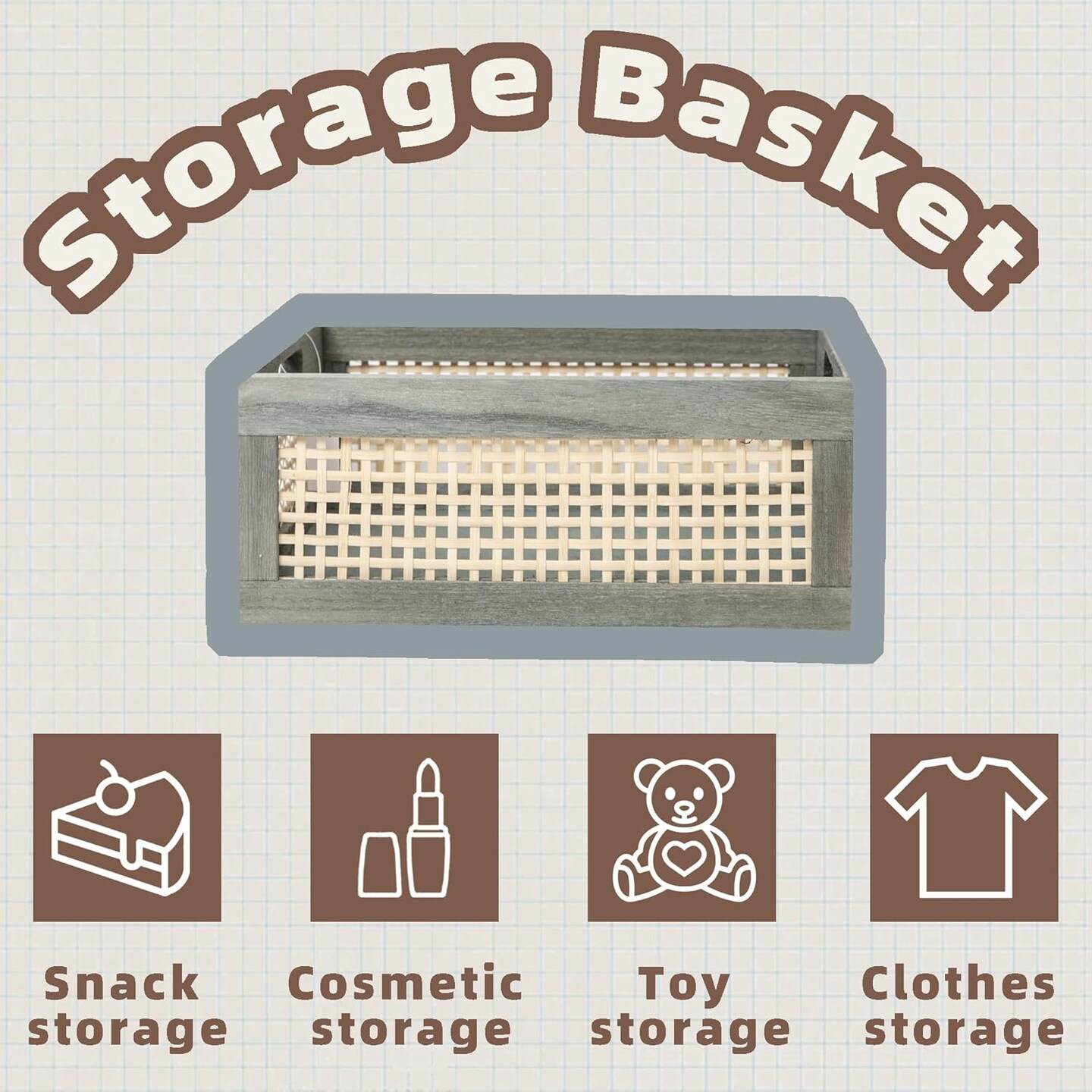 Summer Grey Wooden Storage Baskets with Handle, Square Bamboo Baskets for Organizing, Decorative Storage Basket for Shelves, Toy Storage Basket,Towel Organizer, Gift Baskets Empty (Grey)