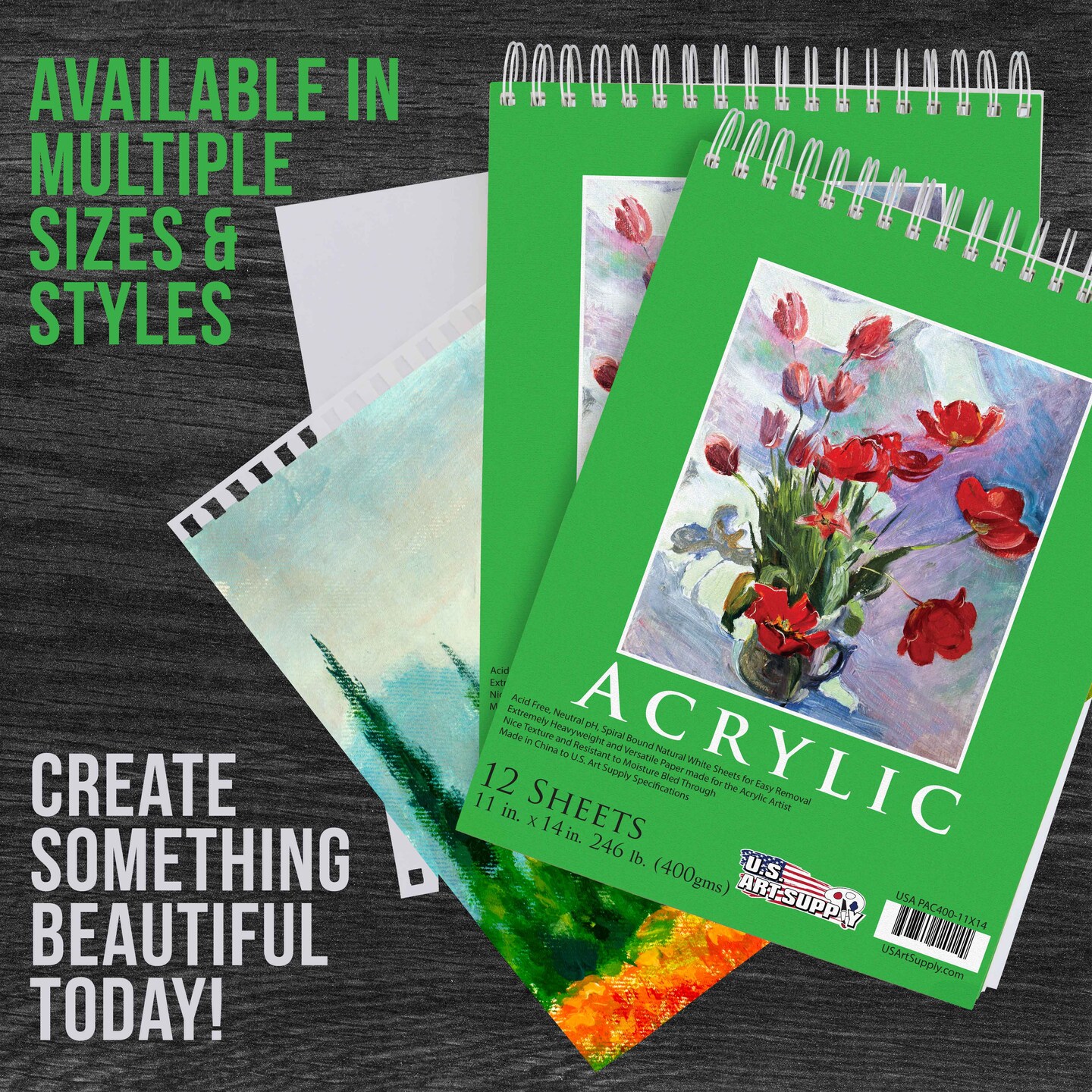 11x14&#x22; Premium Heavy-Weight Acrylic Painting Paper Pad, 246lb (400gsm), 2 Pack, 12 Sheets, Spiral Bound, for Acrylic Paint