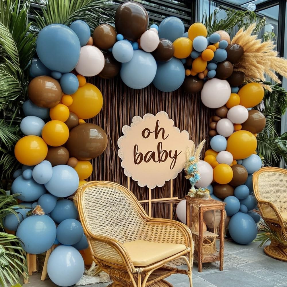 Blue Yellow Balloon Arch - Double Stuffed Dusty Blue Brown Balloon Mustard Yellow Coffee Tan Cream Latex Balloons Garland Kit