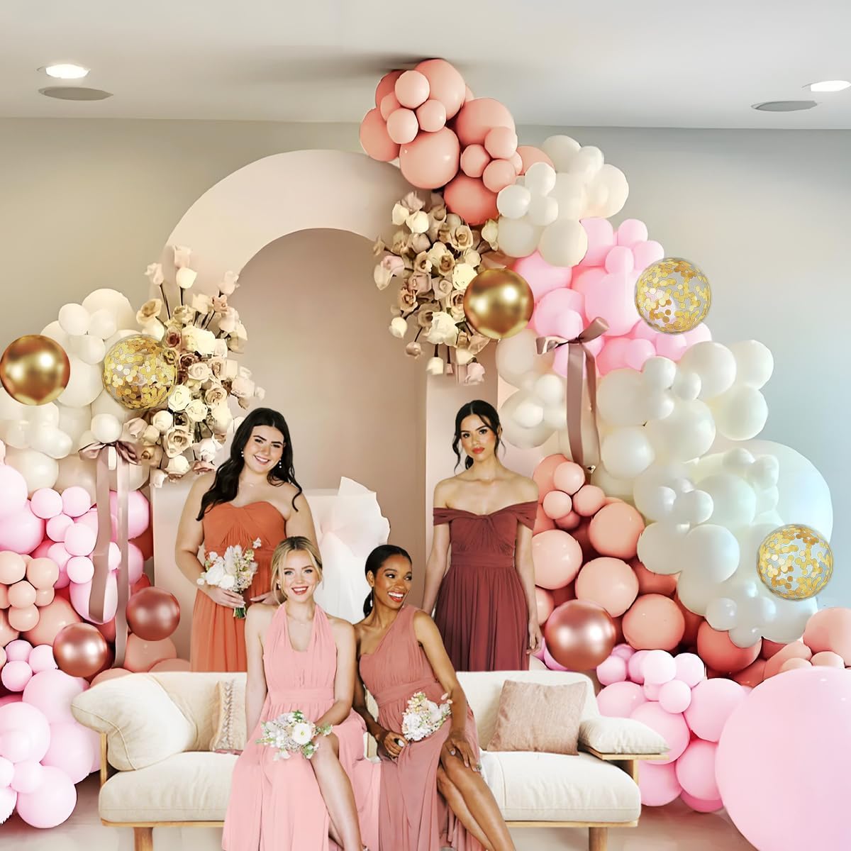 Rose Gold Balloon Kit, 147Pcs Metallic Gold White Pastel Nude Pink and Rose Gold Balloons Garland with Confetti
