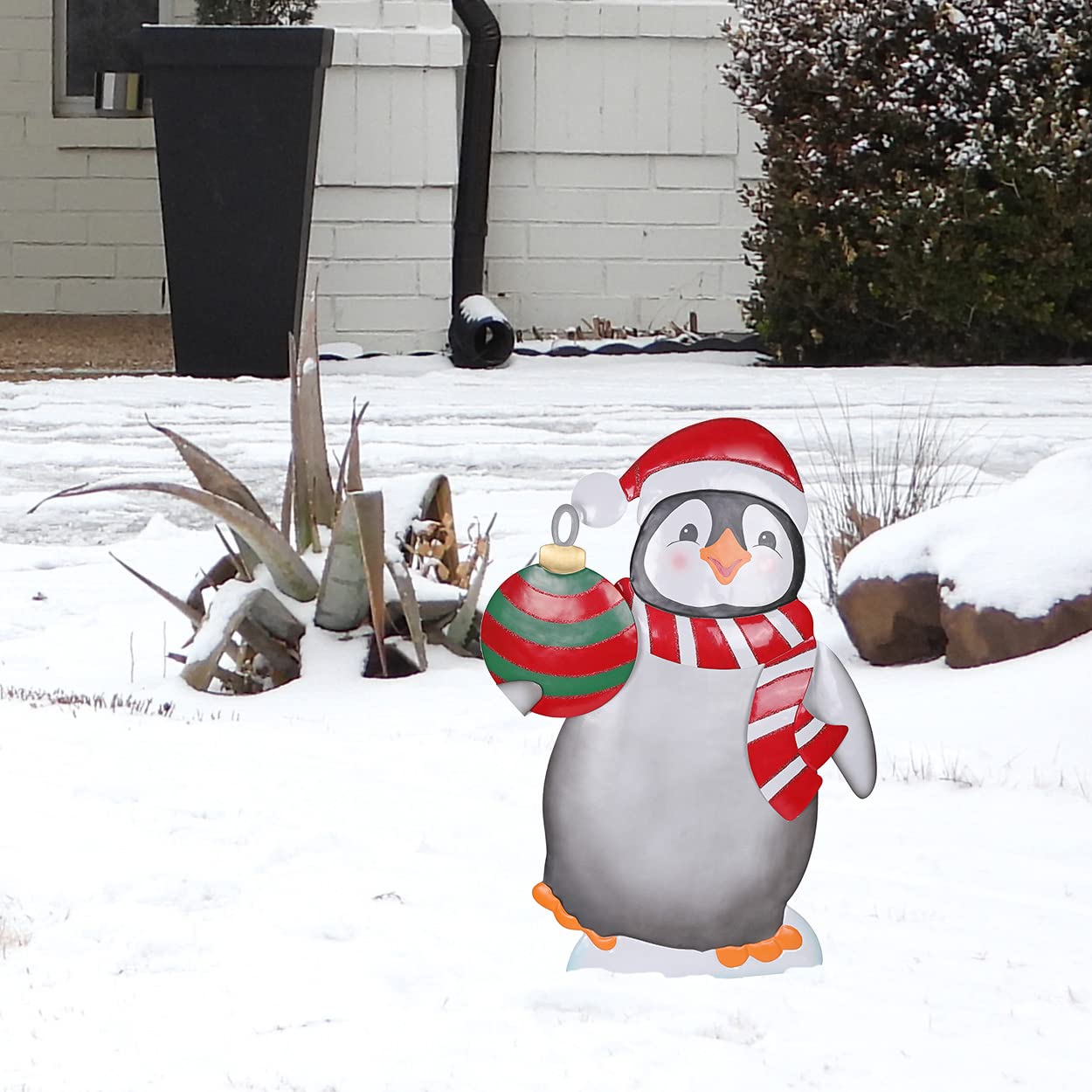 Haute Decor 24 Inch Tall Metal Christmas Penguin Outdoor Yard Decoration - Lawn Stake Included - Large, Cute Holiday Display