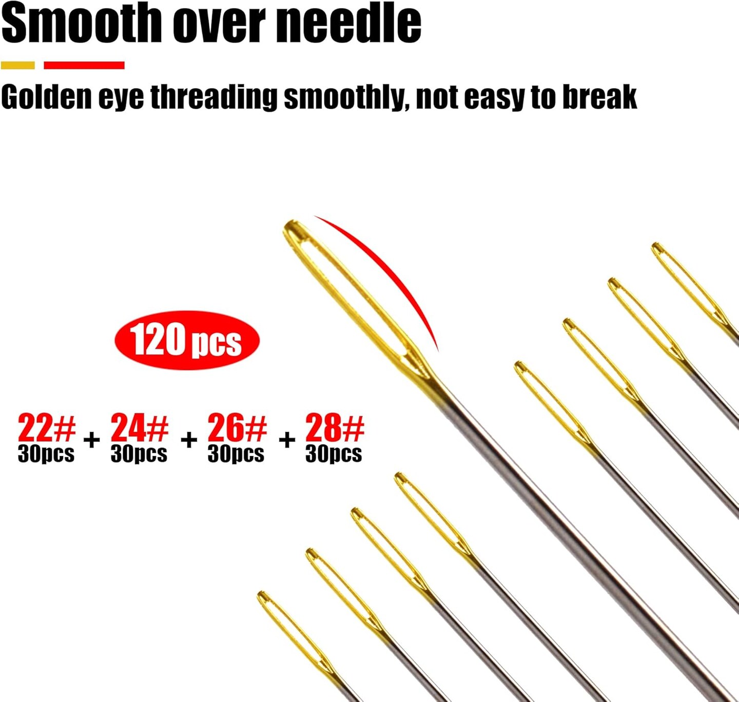 120pcs Cross Stitch Needles +2 Needle Threader Golden Color Large Eyes Cross Stitch DIY Embroidery Hand Needles Sewing Needles in Transparent Box Size 22# 24# 26# 28#