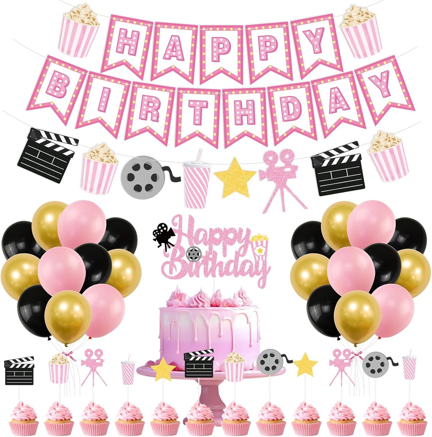 Happy Birthday Movie-Themed Party Decorations – Pink Popcorn, Camera, Movie Theater Cake Toppers and Latex Balloons for Girls’ Birthday or Movie Night Party Supplies