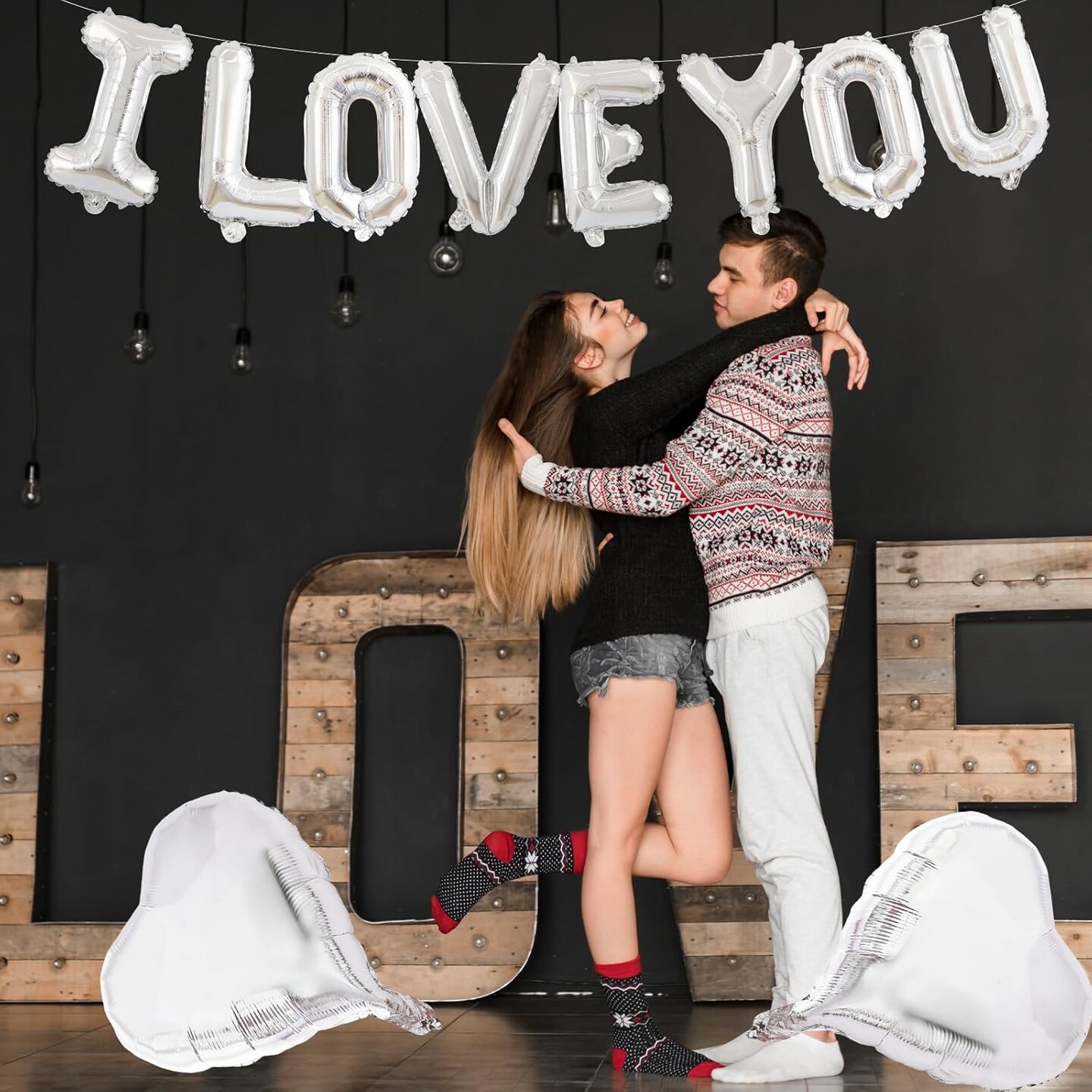 16in Silver 'I LOVE YOU' Balloon Banner with 2 Heart Foil Balloons – Romantic Party Decor