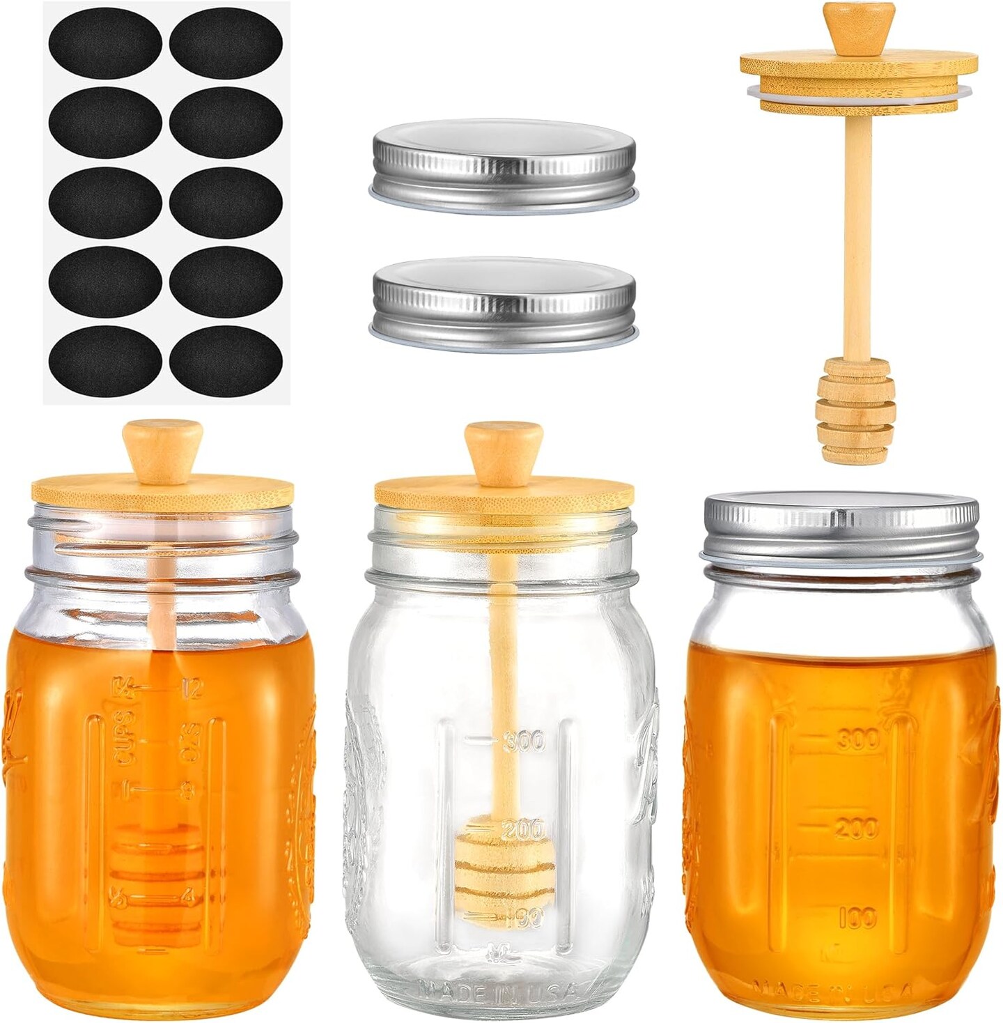 Honey Jar with Dipper and Lid, 16oz Honey Pot Set of 3, Mason Jar Honey Dipper Lid, Honey Container with Dipper, Storage Jars with Lids