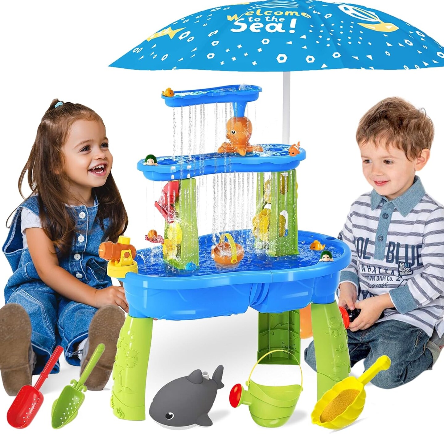 Summer Water and Sand Table with Water Pumb &#x26; Umbrella - Summer Toys 3-Tier Kids Water Play Table, Outdoor Toys for Boys Girls