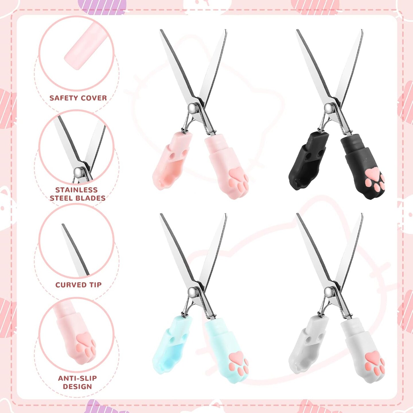 4 Pcs Cute Mini Cat Paw Scissors, Stainless Steel Fun Cartoon Portable Pocket Small Folding Safety Scissors for Paper Cutting, Scrapbooking, Crafting