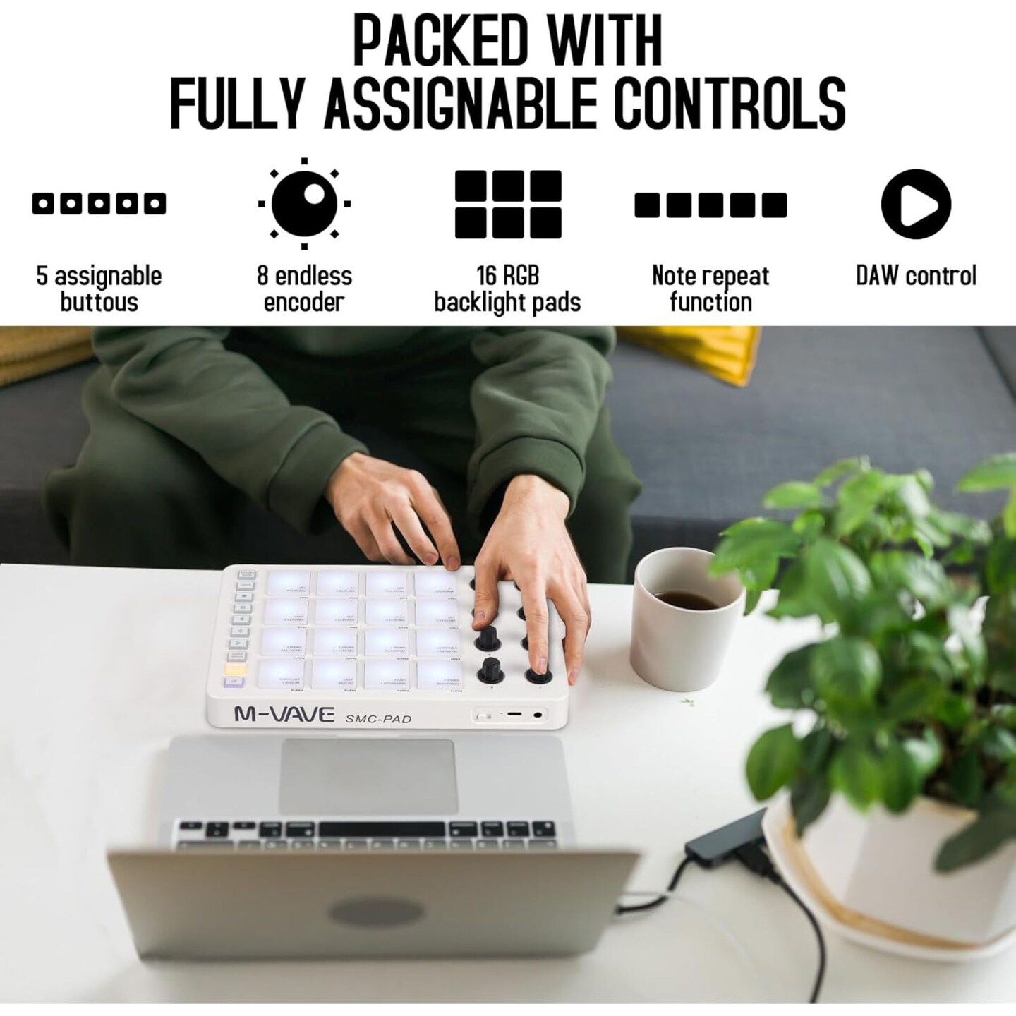 M-Wave Midi Controller &#x2013; Bluetooth USB Pad &#x2013; 16 Drum Pads, 8 Knobs, Rechargeable, DAW Compatible