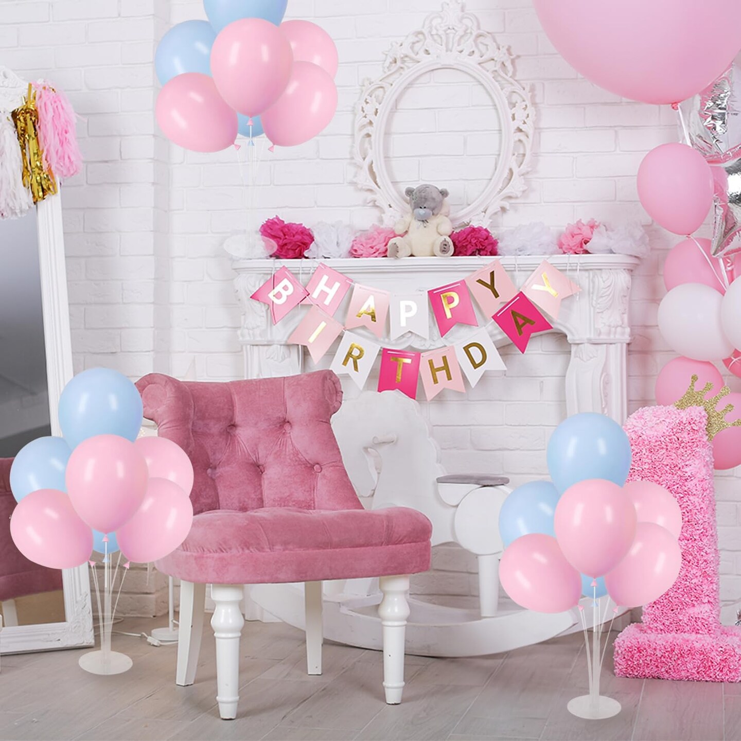 4 Sets Balloon Stand Kit with Blue & Pink Balloons – Table Centerpiece for Gender Reveal & Birthday Party Decor