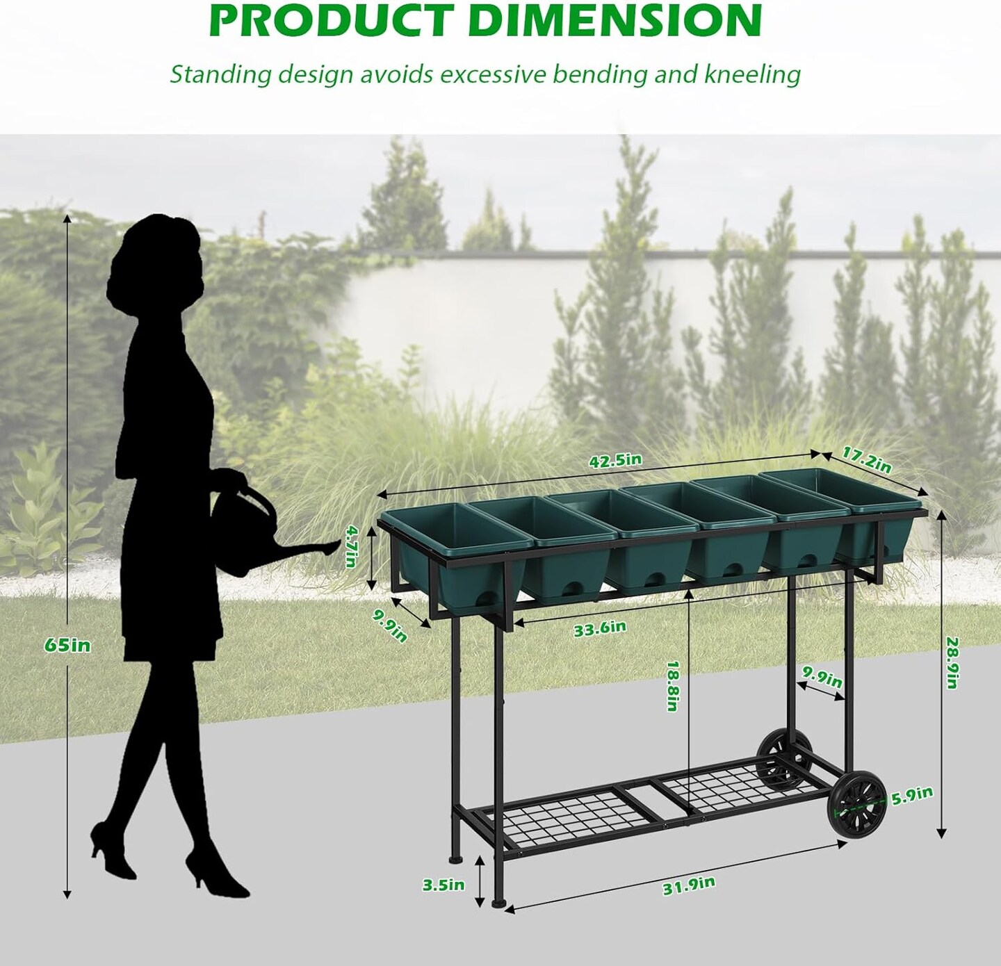 Raised Garden Bed with Wheels &#x26; Storage Shelf - 43x17x29in/109x43x74cm Elevated Planter Box, 6 Individual Planters for Vegetables, Herbs, Flowers (Green, Outdoor/Indoor)