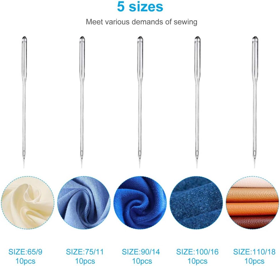 50PCS Universal Sewing Machine Needles – Sizes 9,11,14,16,18 with 2 Threaders
