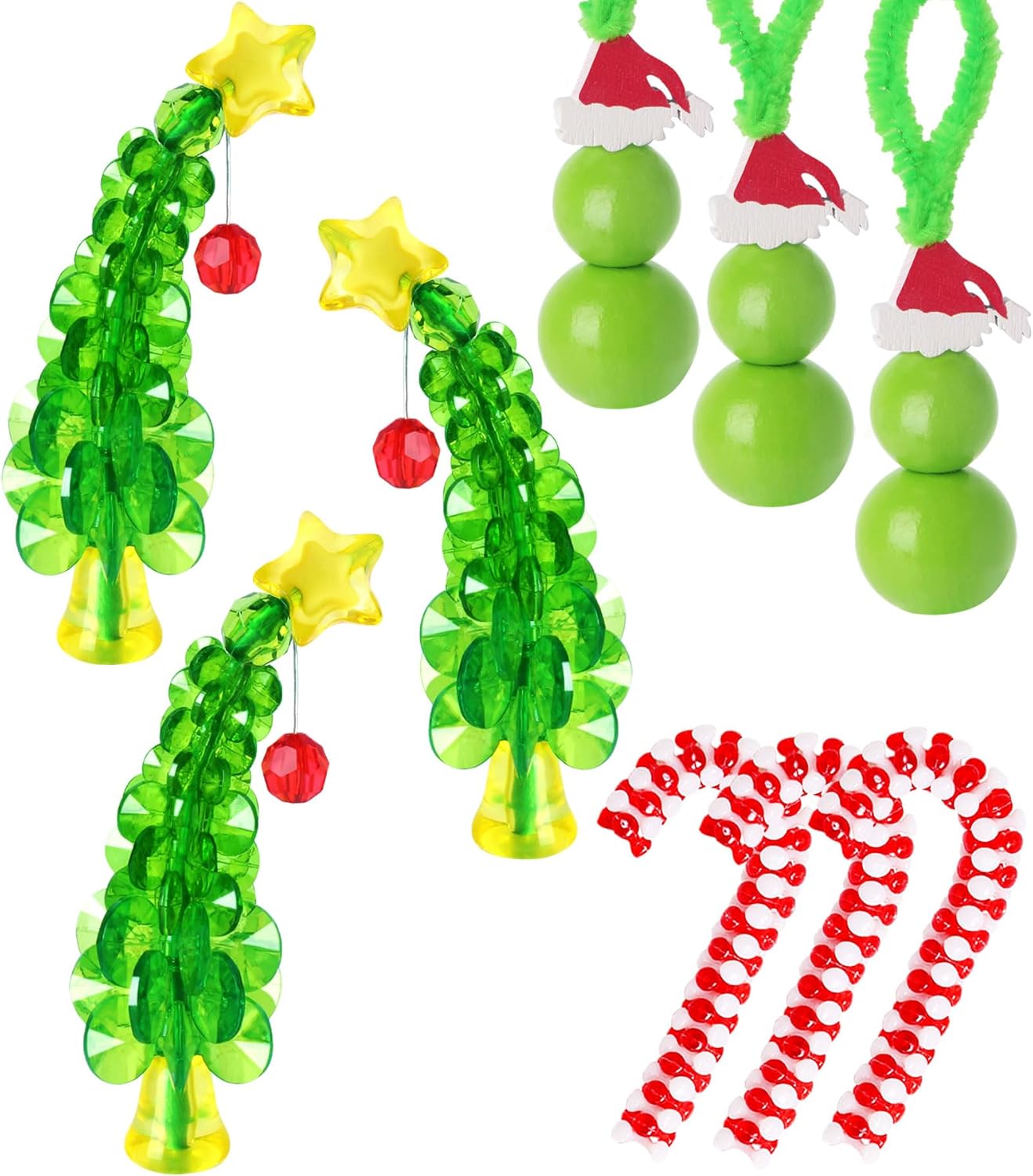 Christmas Crafts for Kids Adults,30 Sets Christmas Beaded Ornament Kit for Kids to Make-Including 12 PCS Green Monster/6 PCS Tree/12 PCS Candy Cane,Christmas Tree Decorations (Assembly Needed)