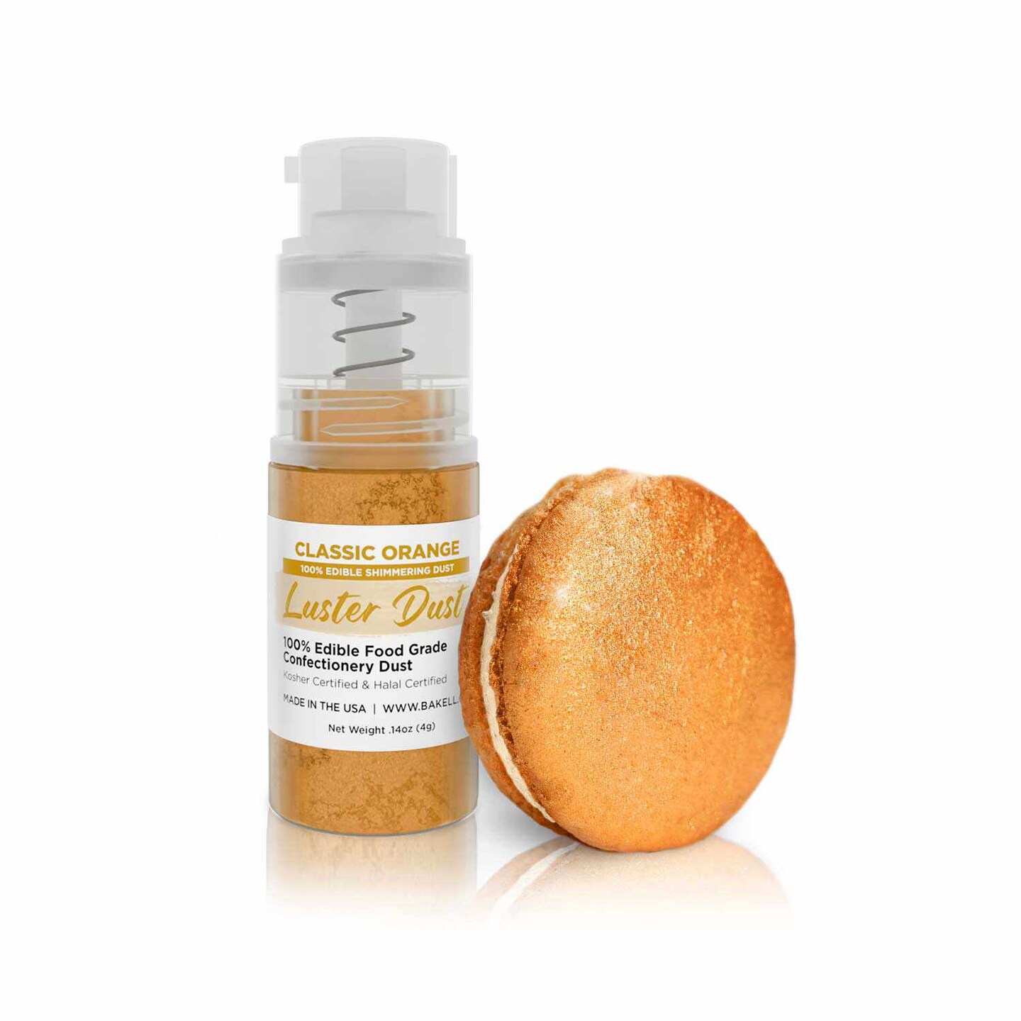 Bakell - Classic Orange Luster Dust (4g, 1x Pump) Edible Vegan Dust &#x26; Paint for Baking, Desserts and Beverages