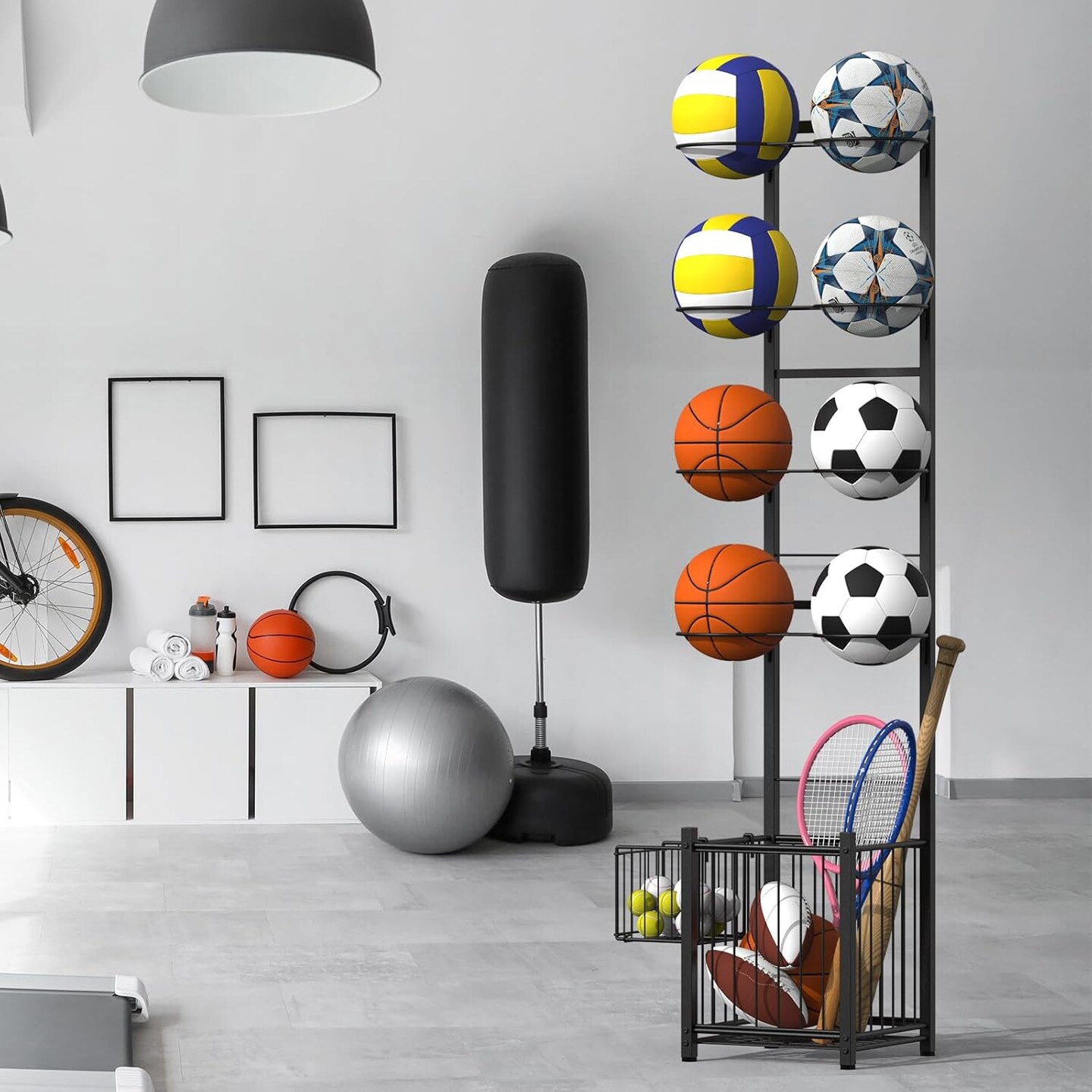 8-Ball Vertical Sports Rack with 2 Baskets &#x2013; Heavy-Duty Metal Ball Holder for Basketball, Soccer, Football, Rackets | Indoor/Outdoor Garage Organizer, Black