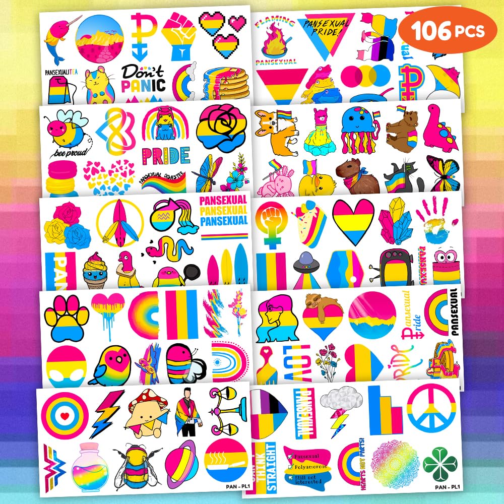 106 PCS Pansexual Rainbow Pride Month Temporary Tattoos Themed Birthday Party Decorations Favors Supplies Cute Pan Flag Gay LGBT Tattoo Stickers Gifts For Men Woman Classroom School Reward Festival