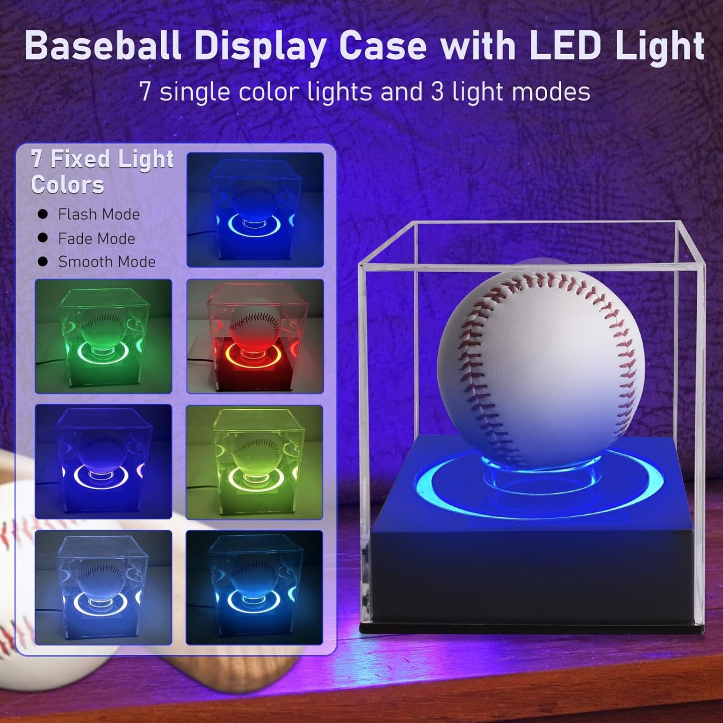 Acrylic Baseball Display Case with RGB Light Base, UV Protected Clear Baseball Cube Stand, Light Up Memorabilia Holder for Balls, Collectibles and Gifts