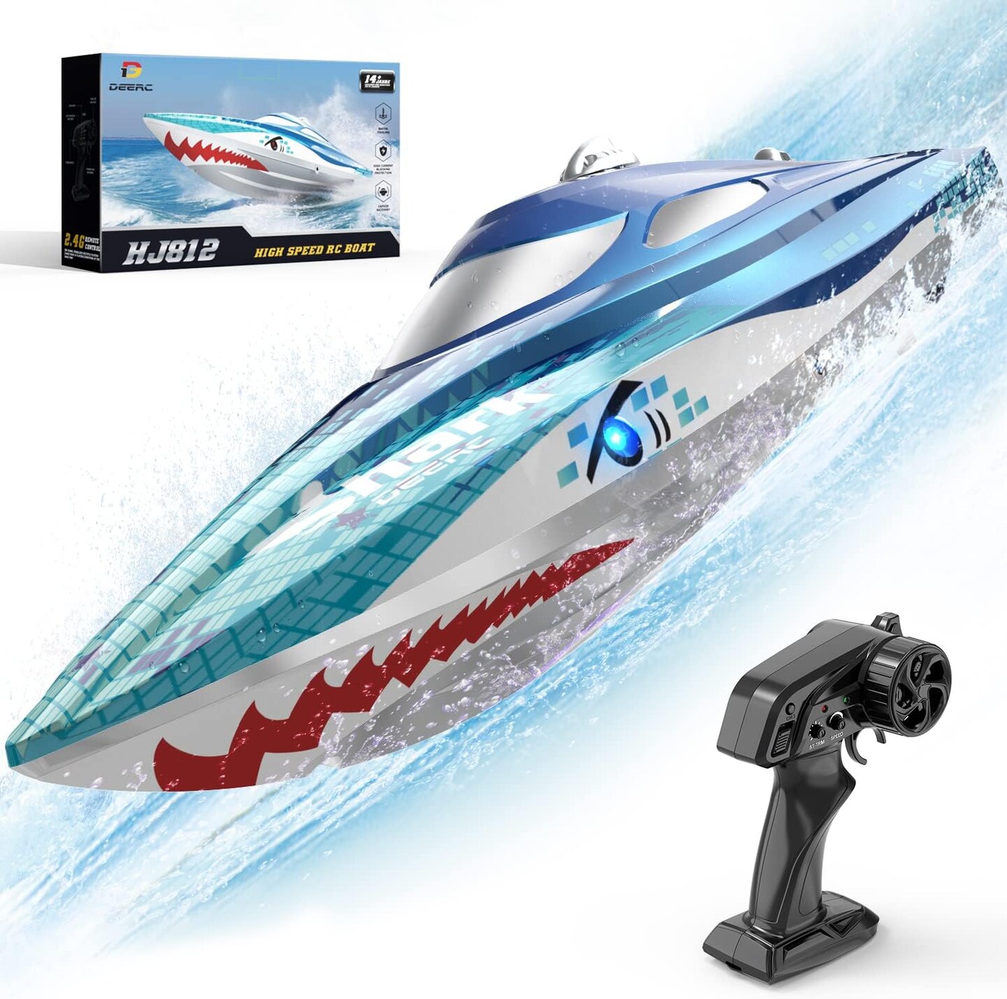 Summer Full Proportional Remote Control Boat with LED Lights, Shark Graffiti, 20+ MPH,2.4GHz High Speed RC Racing Boats for Lakes,Pool Toys for Kids &#x26; Adults