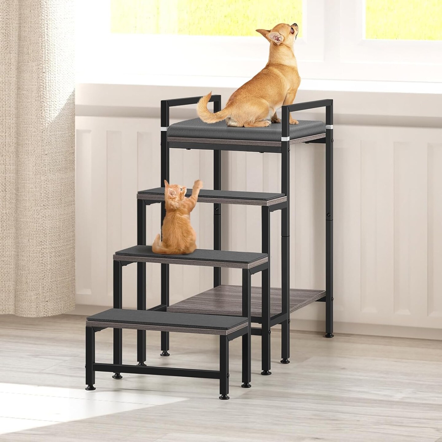 24.84’’H Window Perch Dog Steps for High Beds & Couches - 4-Step Non-Slip Pet Stairs with Bunk Bed, Removable Cushion, Adjustable Feet - Sturdy Frame for Small/Medium Pets