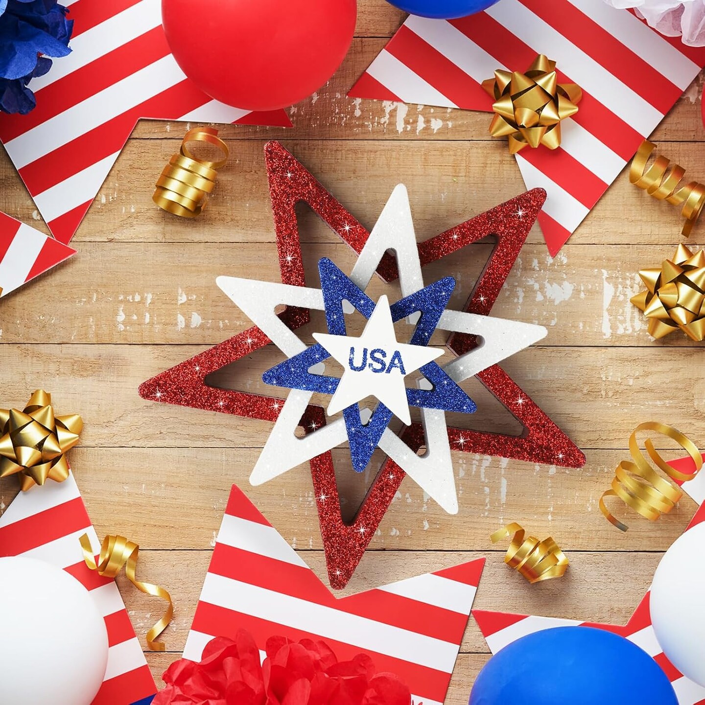 Set of 4 glittery red, white, and blue stars for 4th of July decor.