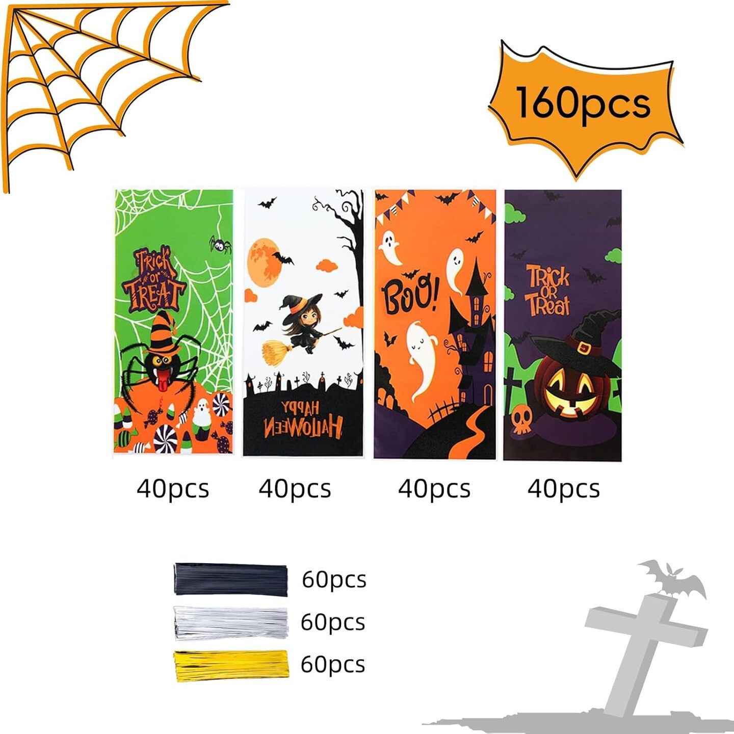 160PCS Halloween Cellophane Treat Bags, Plastic Goodie Candy Bag Goody Snack Sweet Bags with Twist Ties for Halloween Party Favor Supply&#xFF08;4 Style&#xFF09;