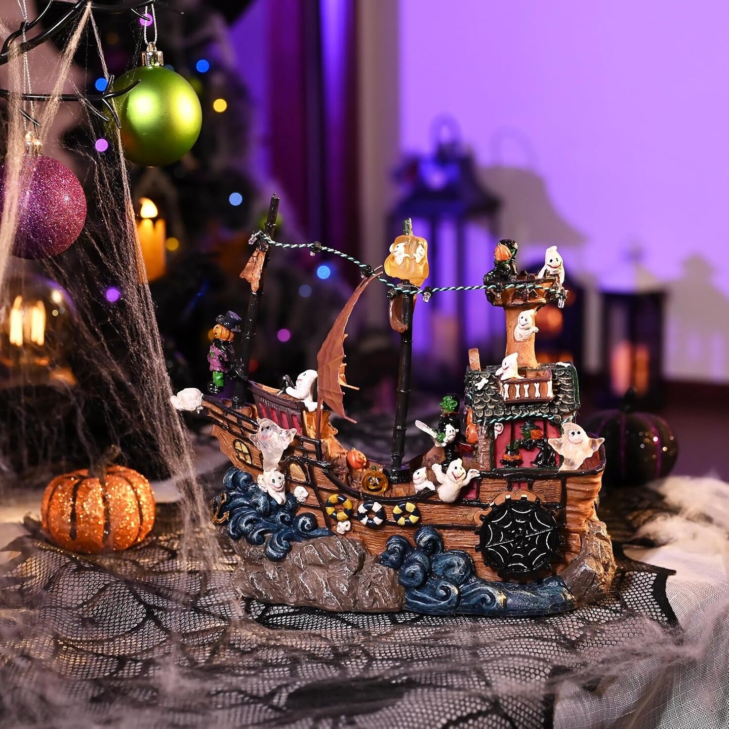 Scary Halloween Village Decorations Indoor for Home Decor, 10Inch Lighted Cute Halloween Resin House Statue with Music and Light for Table Yard Garden Outdoor Party Decor