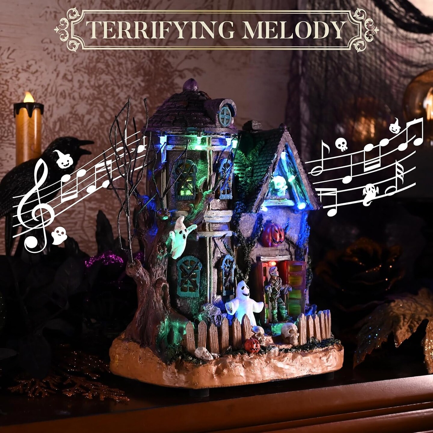 Halloween Village for Home Decor, 10Inch Lighted Cute Halloween House Resin Statue with Music and Colorful Light, Haunted House Gift for Table Yard Outdoor Indoor Party Decoration
