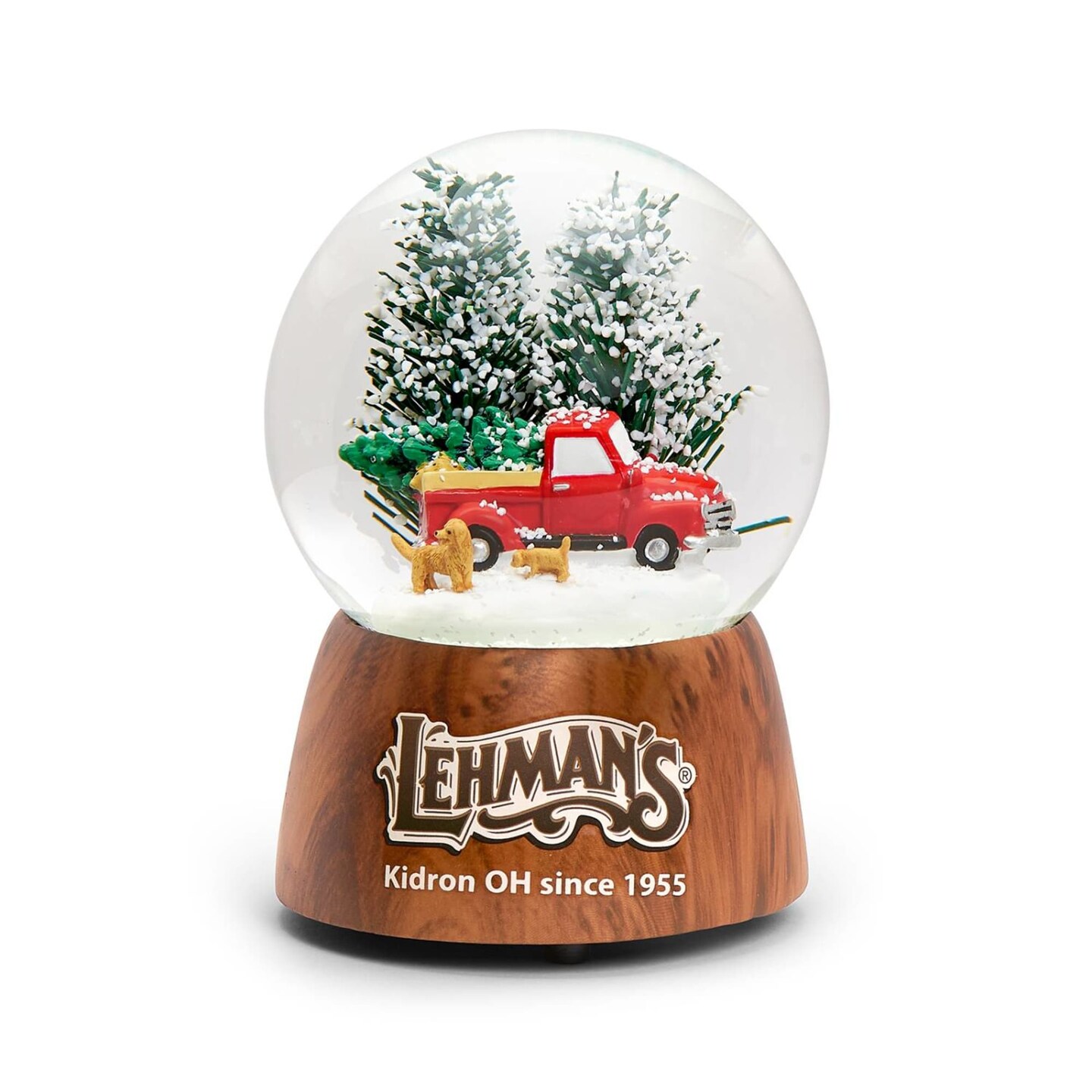 Roman Lehman&#x27;s Musical Christmas Snow Globe, Red Truck Hauls Fresh Cut Tree and Dogs, Lehman&#x27;s Logo Imprinted Music Box Base