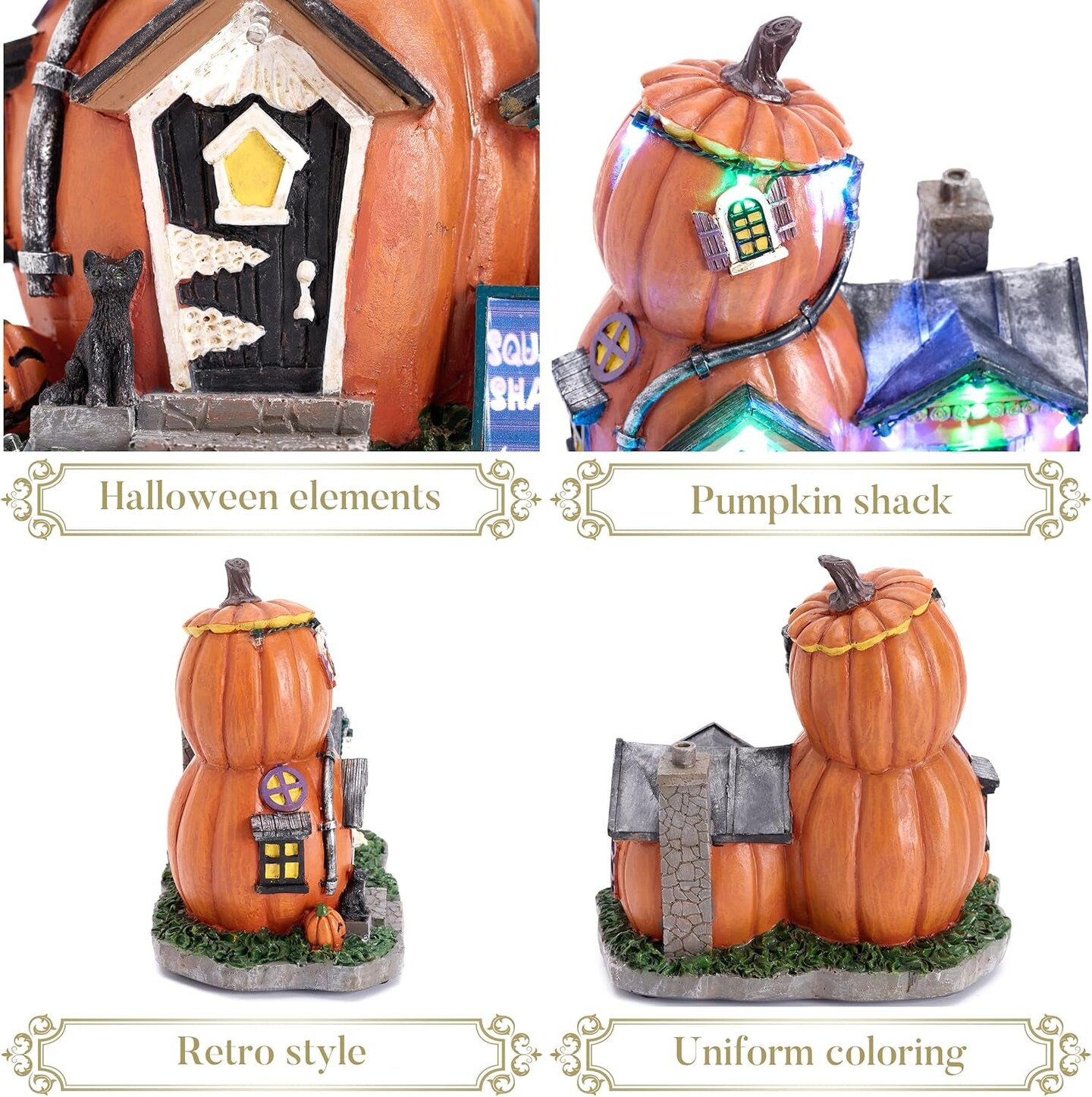 Halloween Village Decorations Indoor, 7Inch Lighted Vintage Halloween Pumpkin Haunted House Resin Statues with Music and Light for Table Yard Garden Outdoor Home Party Decor