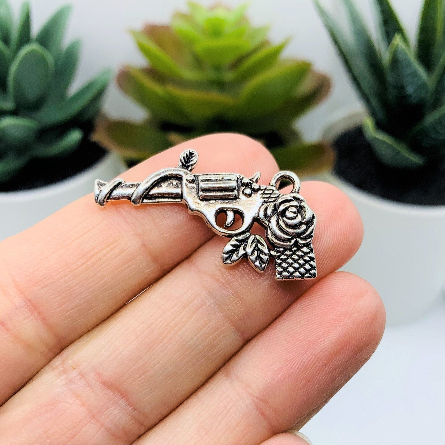 Silver Gun and Rose Charms, 33x16mm